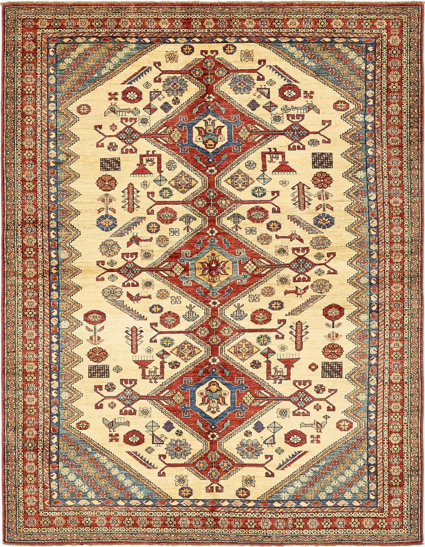 A 6x9 rectangular Kazak rug with a yellow-gold field, a large red and blue medallion, and intricate tribal patterns.