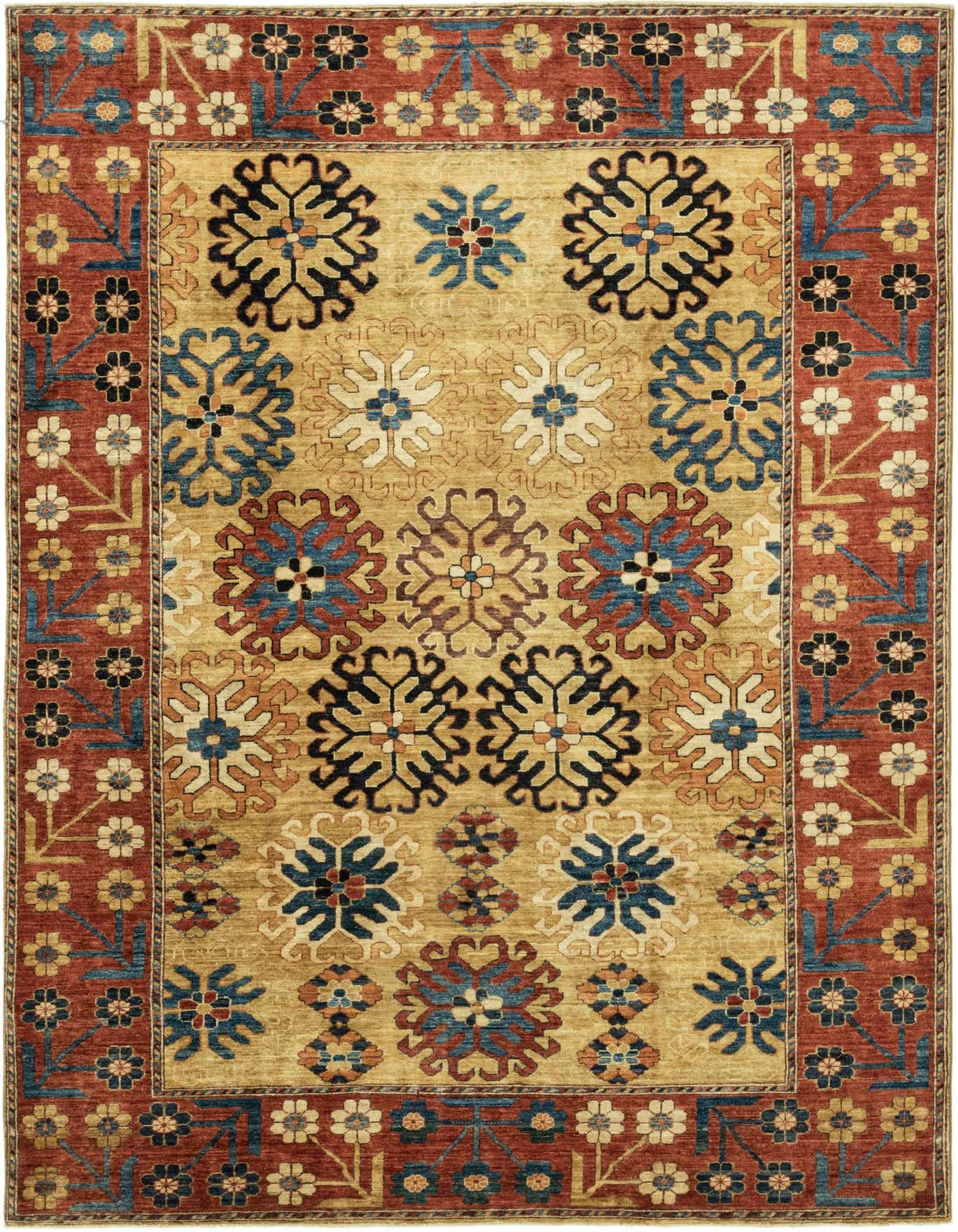 A 7x10 rectangular Kazak rug with a gold field and a rust-red border, featuring traditional botanical and tribal patterns in blue, black, and cream.