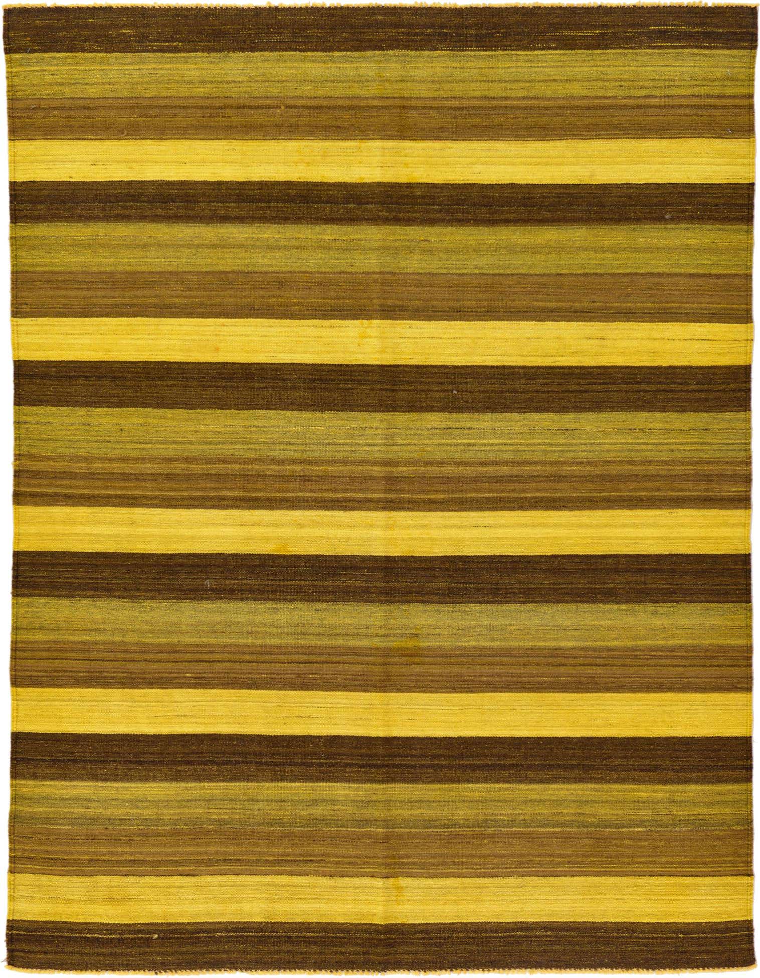 A 5x7 rectangular Kilim Afghan rug with horizontal stripes in varying shades of yellow, gold, and brown.