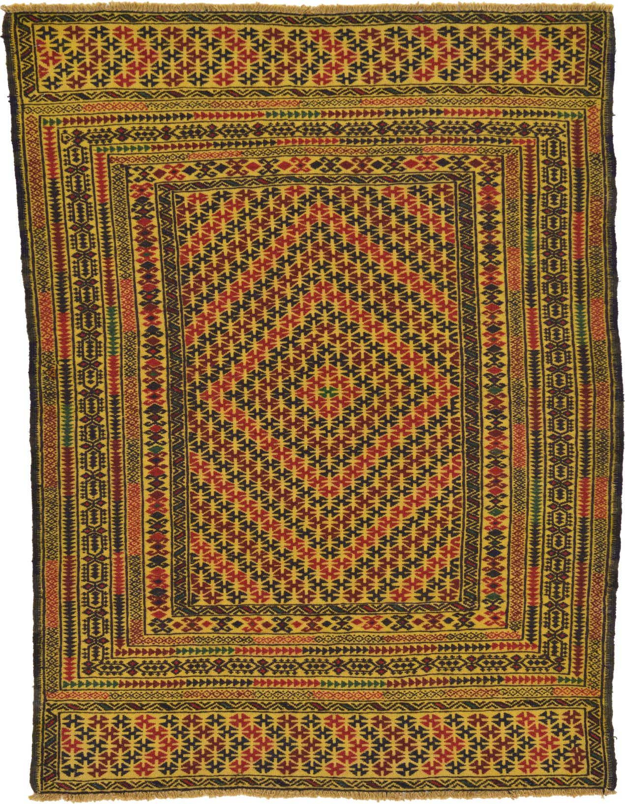 A 4x6 rectangular Kilim Afghan rug with a yellow background, featuring a tribal medallion pattern in red and dark blue.