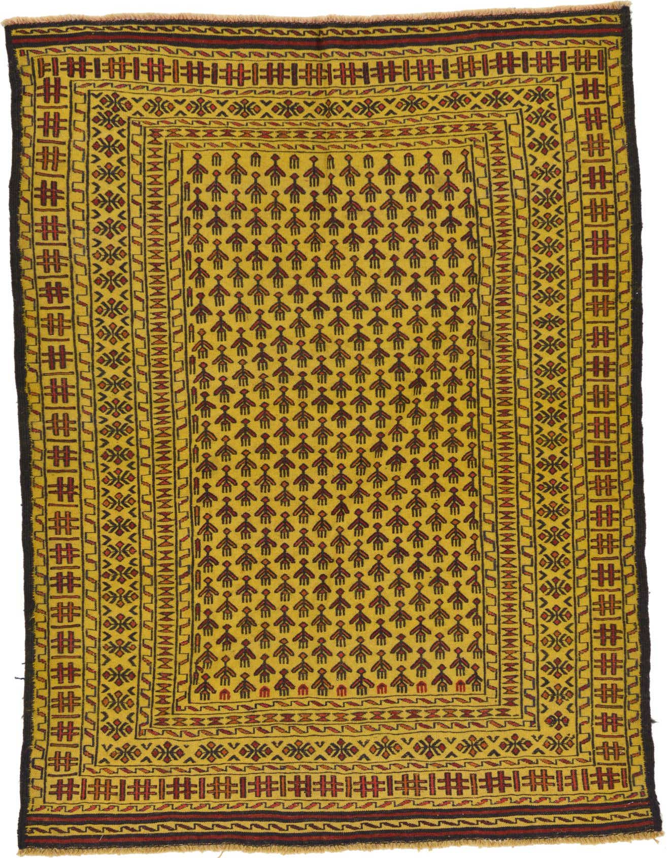 A 4x6 rectangular Kilim Afghan rug in yellow with a repeating tribal pattern of small, dark red and brown figures.
