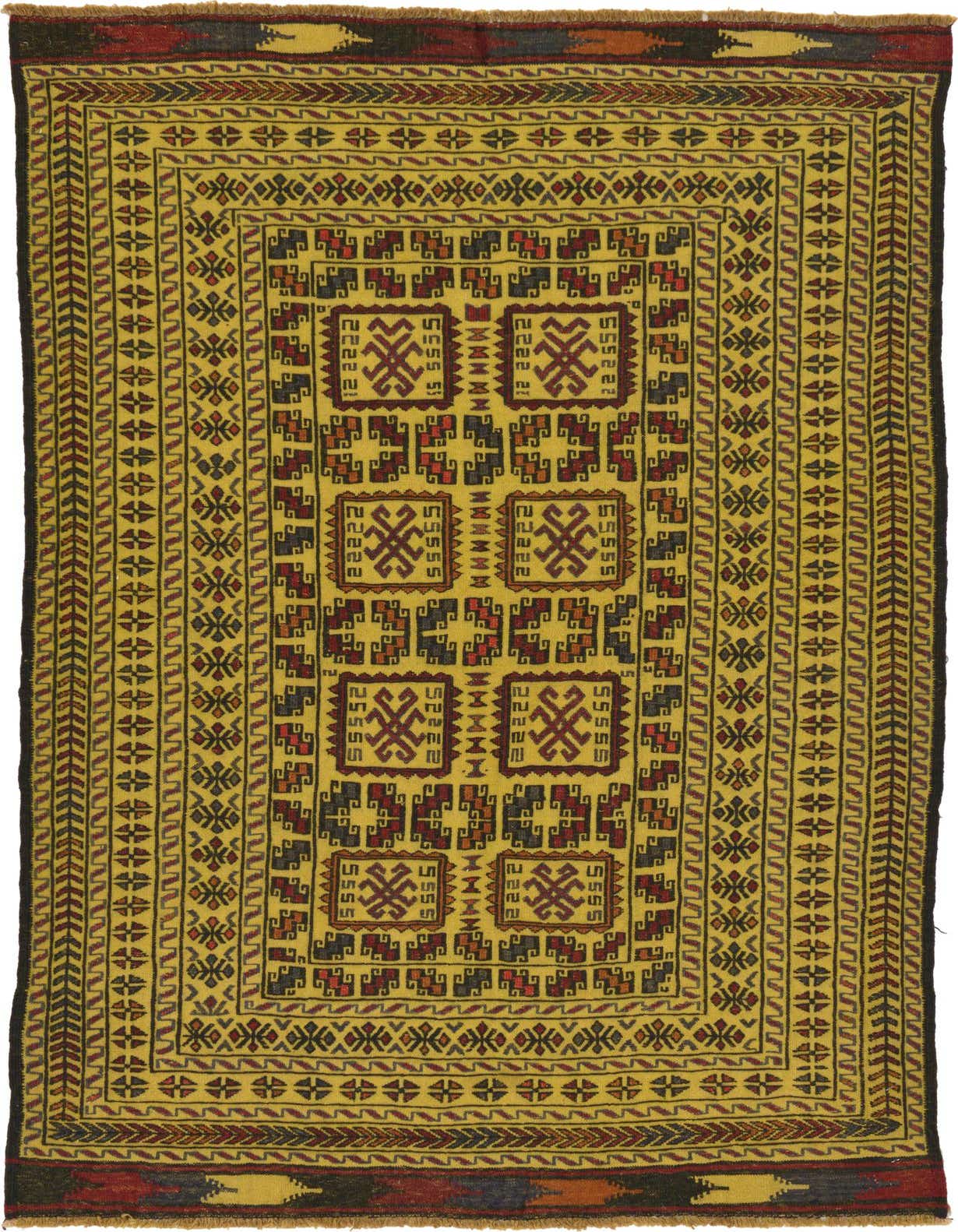 A 4x6 rectangular Kilim Afghan rug with a yellow field and intricate tribal patterns in red, black, and gold.