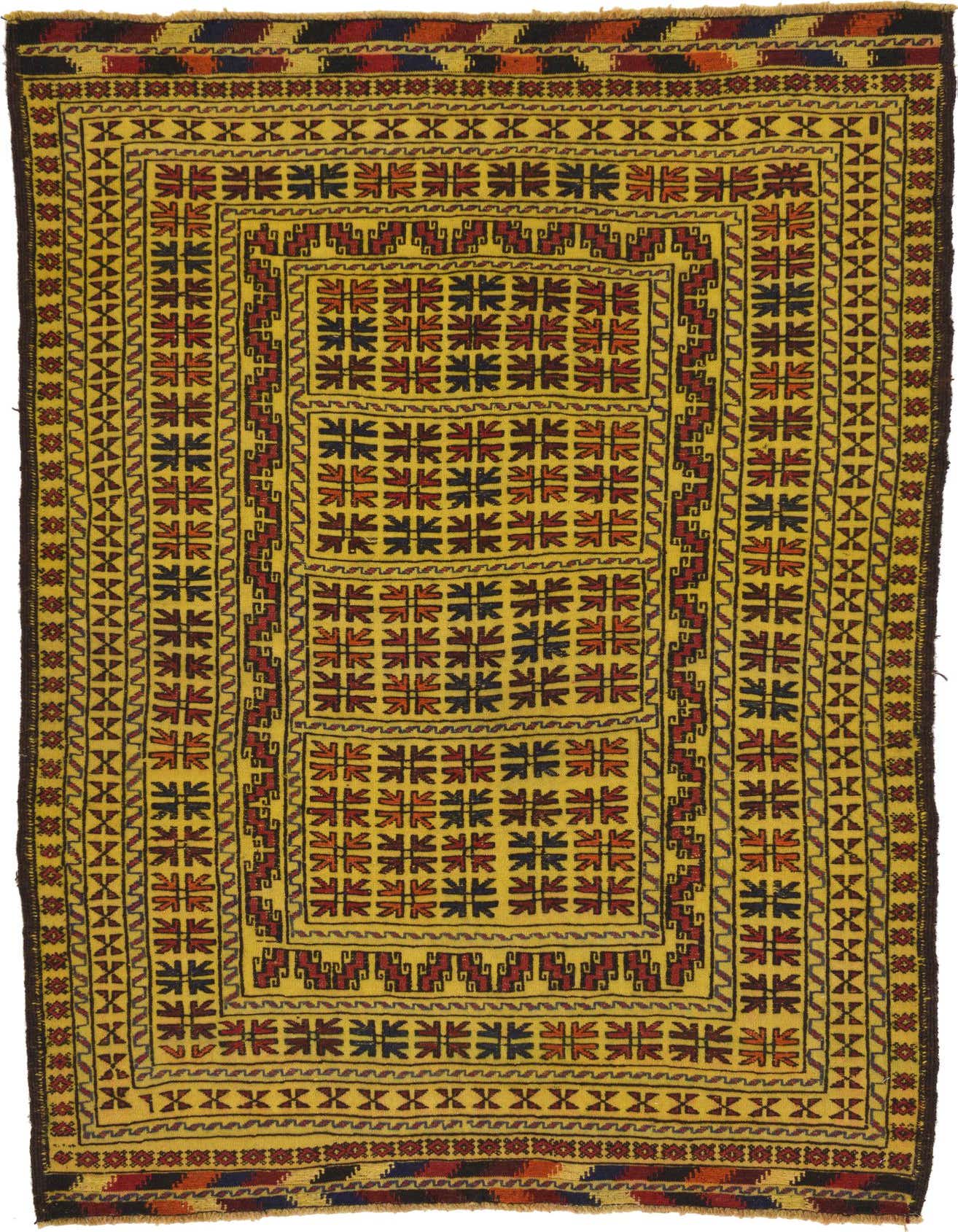 A 4x6 rectangular Kilim Afghan rug with a yellow field and intricate tribal patterns in red, navy, and gold.