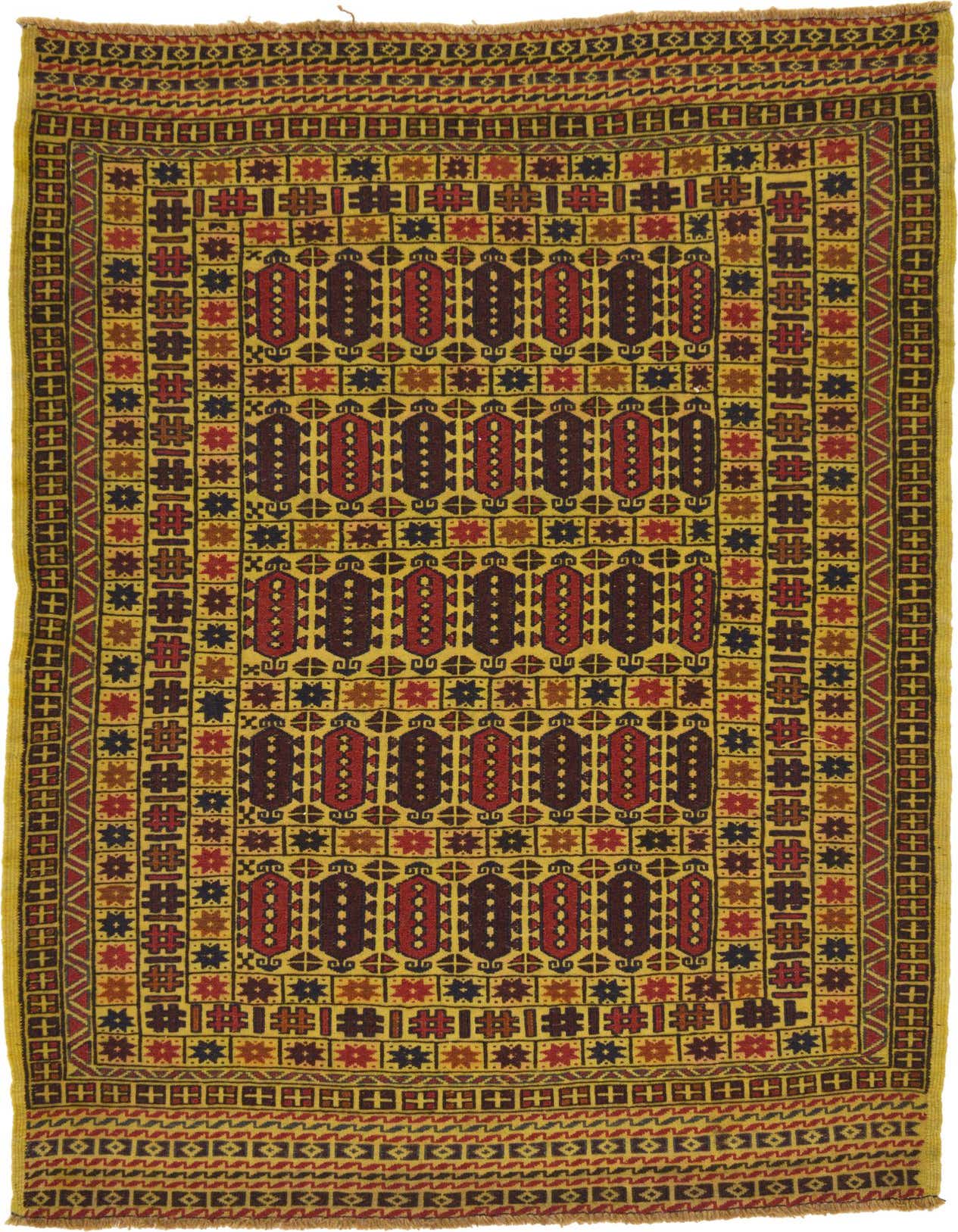 A 4x6 rectangular Kilim Afghan rug with a yellow field and tribal patterns in red, brown, and navy.