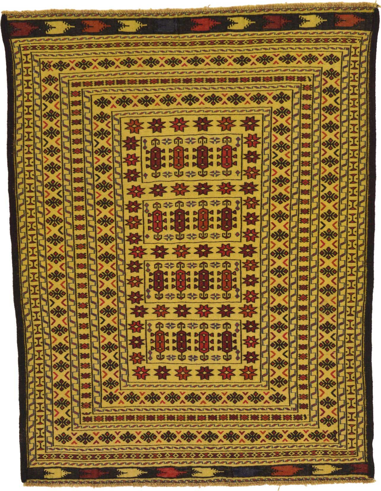 A 4x6 rectangular Kilim Afghan rug with a yellow-gold background and intricate red, black, and purple tribal patterns.