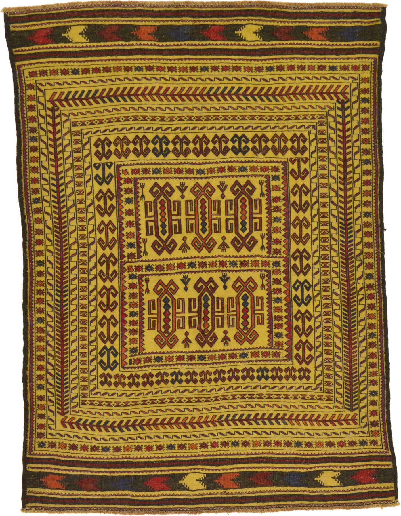 A 4x6 rectangular Kilim Afghan rug with a yellow field and intricate Southwestern tribal patterns in red, blue, and brown.