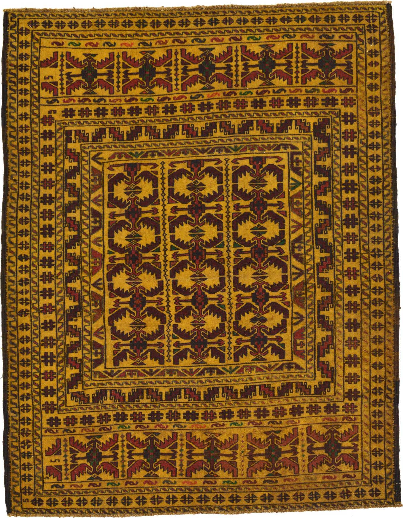 A 4x6 rectangular Kilim Afghan rug with a yellow background and intricate tribal patterns in deep red, brown, and green.