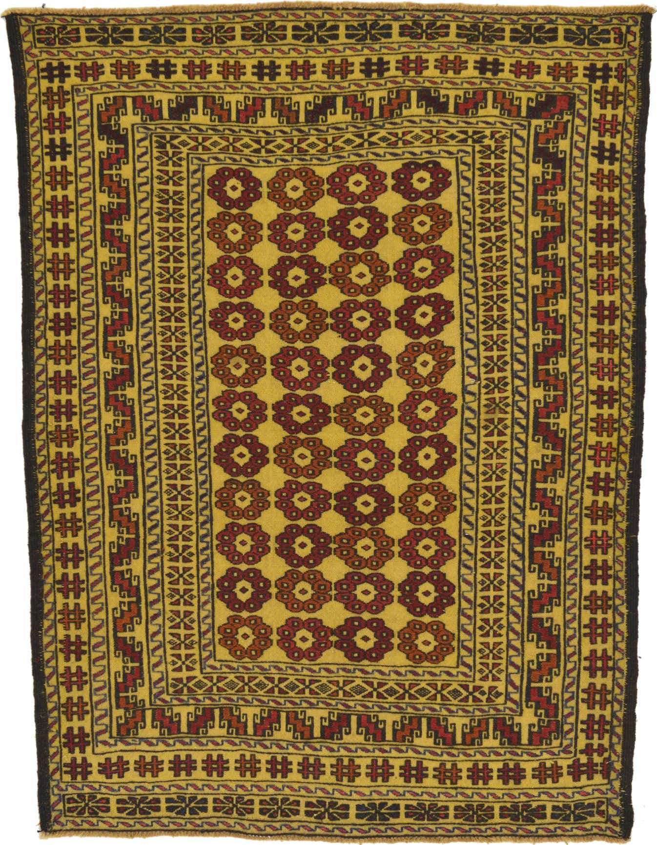 A 4x6 rectangular Kilim Afghan rug with a yellow field and repeating red floral motifs, surrounded by intricate tribal borders in red, brown, and black.