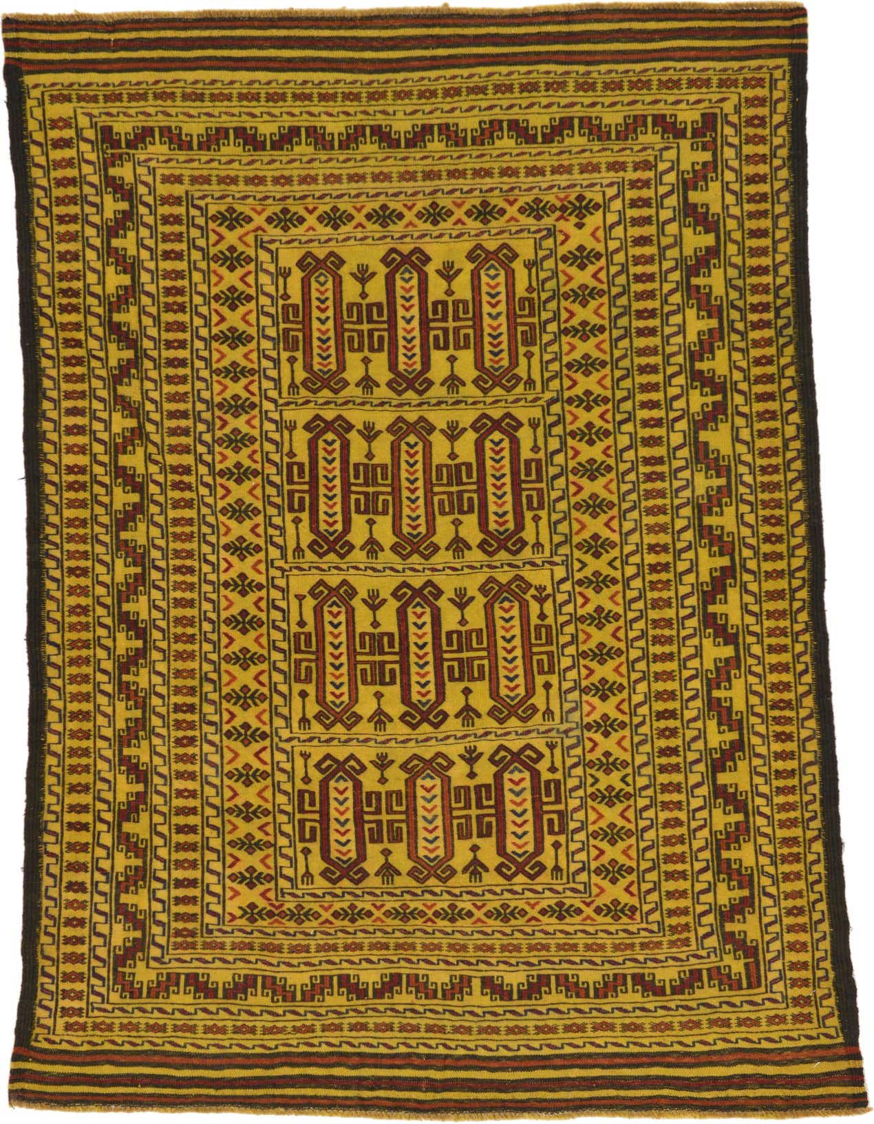 A 4x6 rectangular Kilim Afghan rug with a tribal, oriental pattern in yellows, golds, and deep reds, handmade from wool.