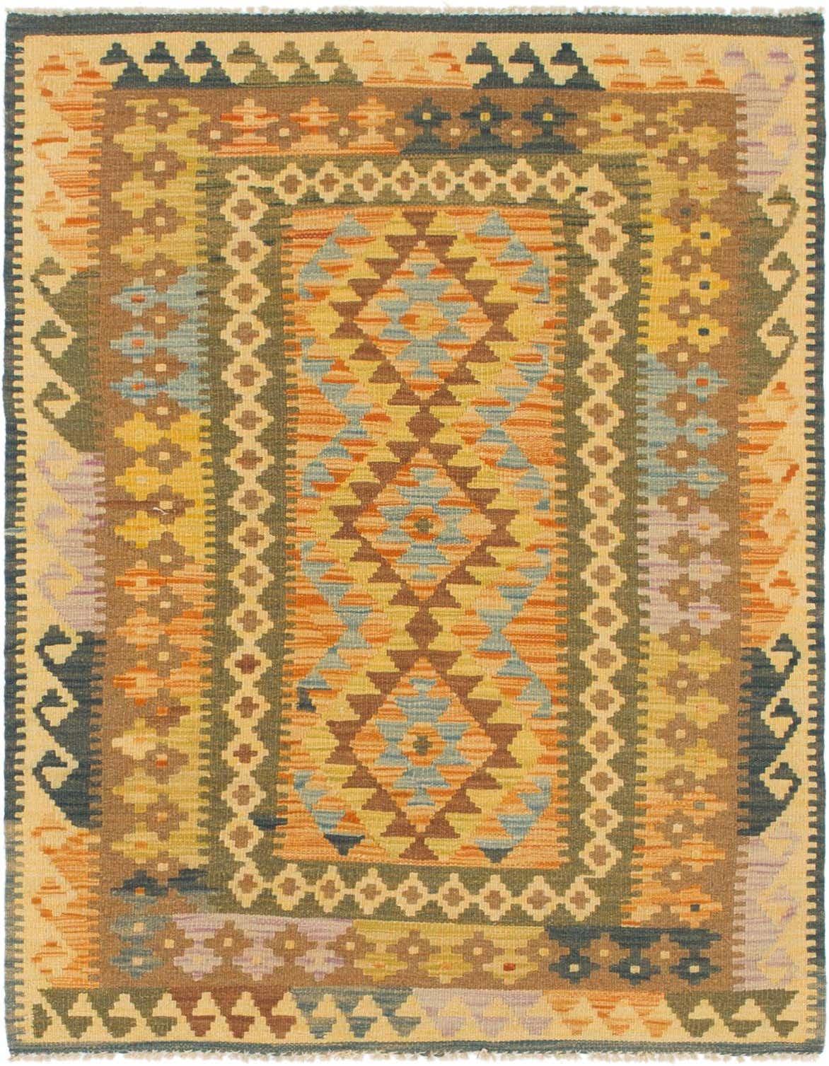 A 3x5 rectangular Kilim Maymana wool rug with a tribal medallion pattern in yellows, golds, oranges, and blues.