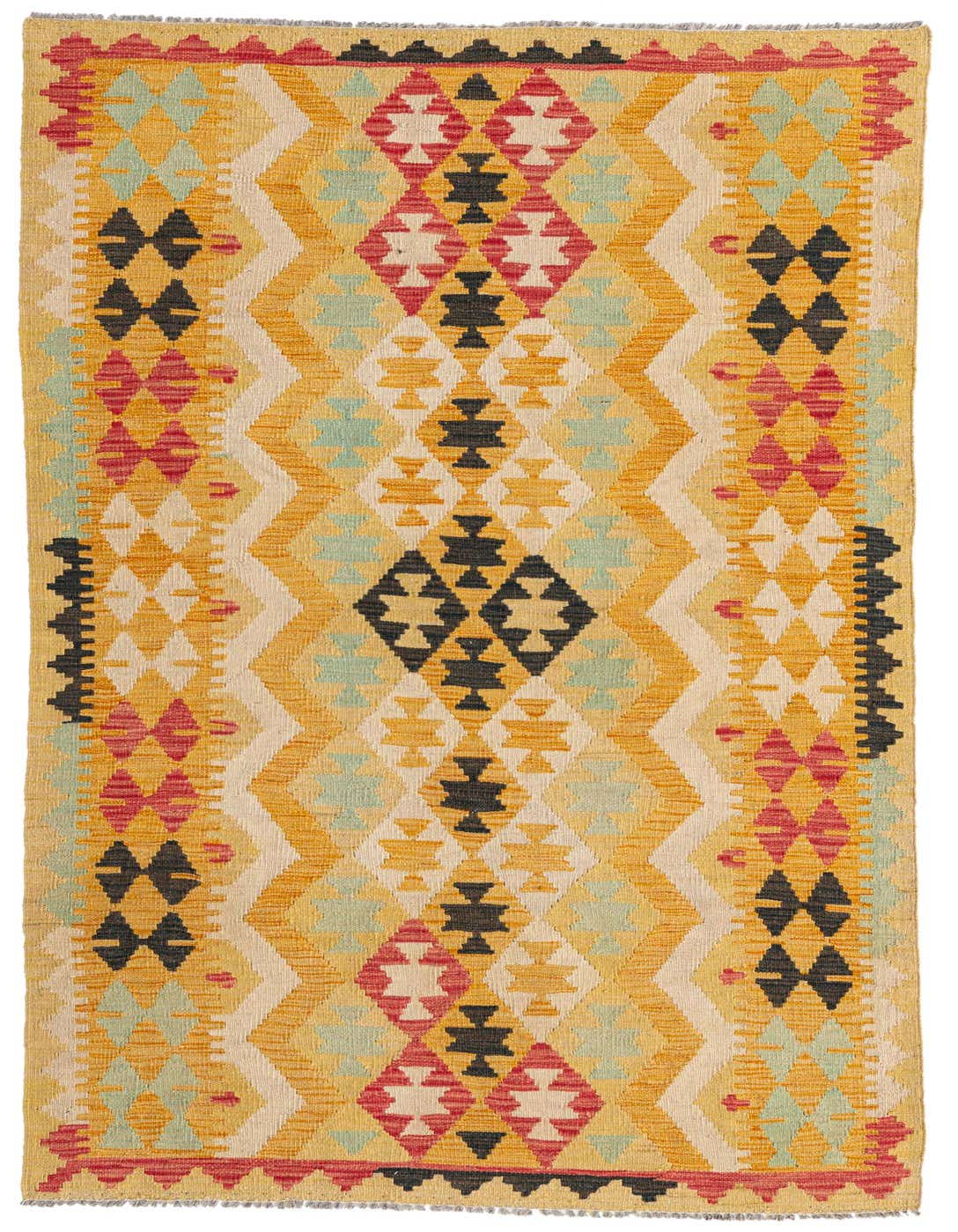 A 4x6 rectangular Kilim Maymana rug featuring a Southwestern geometric pattern in yellow, gold, red, black, and mint green.
