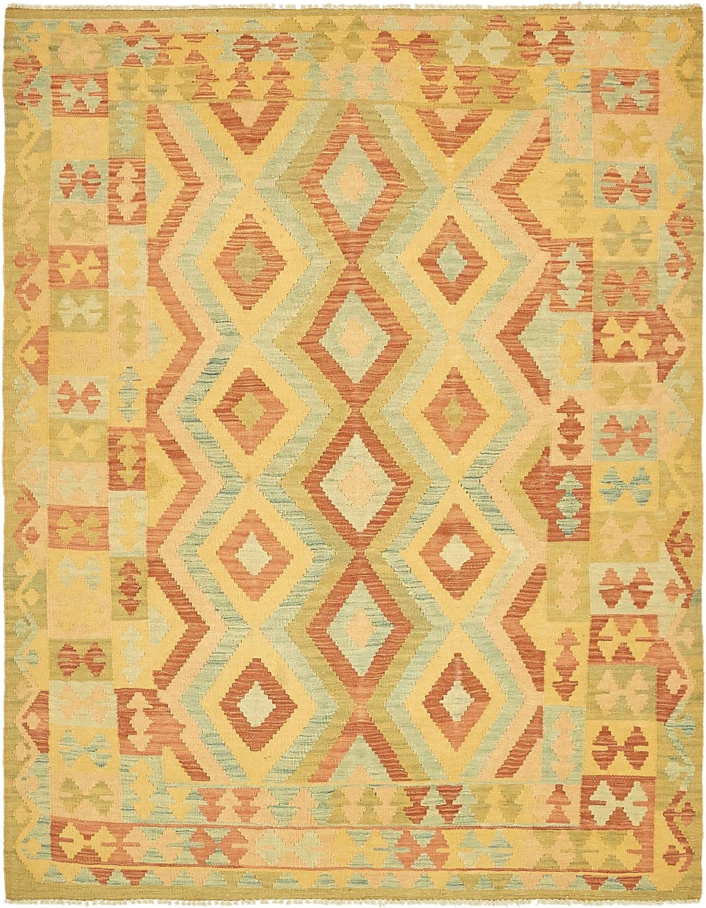 A 4x6 rectangular Kilim Waziri rug featuring a traditional tribal pattern with yellow, gold, orange, and light blue diamond motifs.
