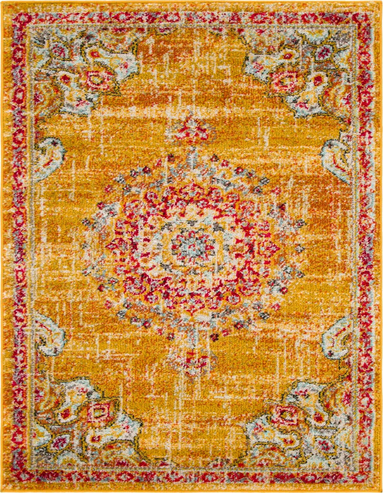 A 3x5 rectangular yellow and gold Bohemian rug with a distressed traditional medallion pattern and red, blue, and white accents.