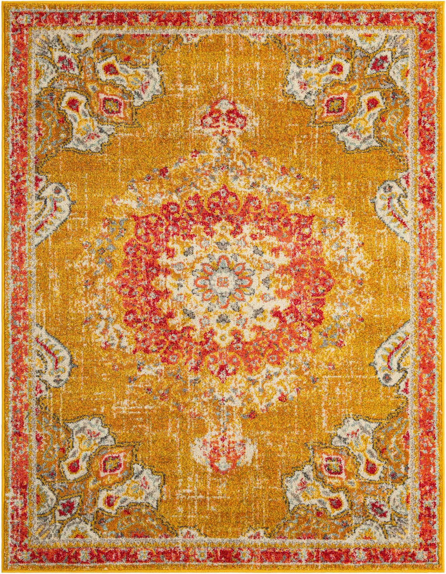A 5x7 rectangular yellow and gold area rug with a distressed traditional medallion pattern in red, cream, and gray.