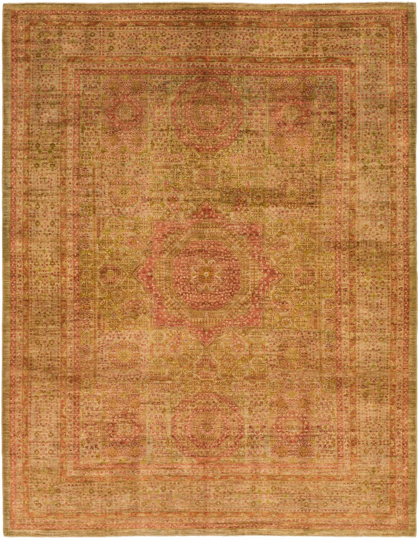 A 9x12 rectangular Mamluk Ziegler rug in yellows/golds with a traditional medallion pattern, ideal for a living room.