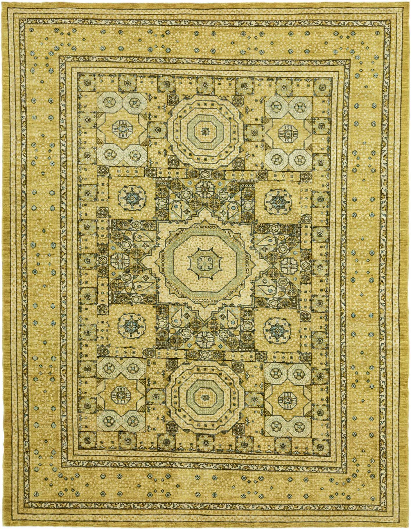A 10x14 rectangular Mamluk Ziegler rug in yellows and golds, featuring a traditional medallion and geometric pattern.