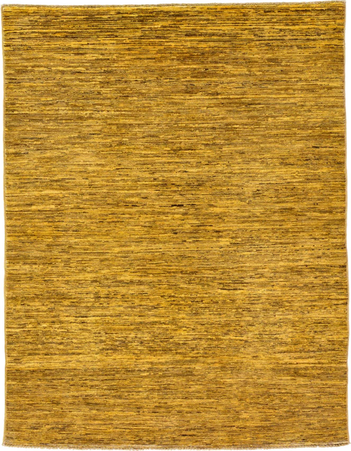 A 4x6 rectangular Modern Ziegler rug in varying shades of yellow and gold, made from hand-spun wool, suitable for a living room.