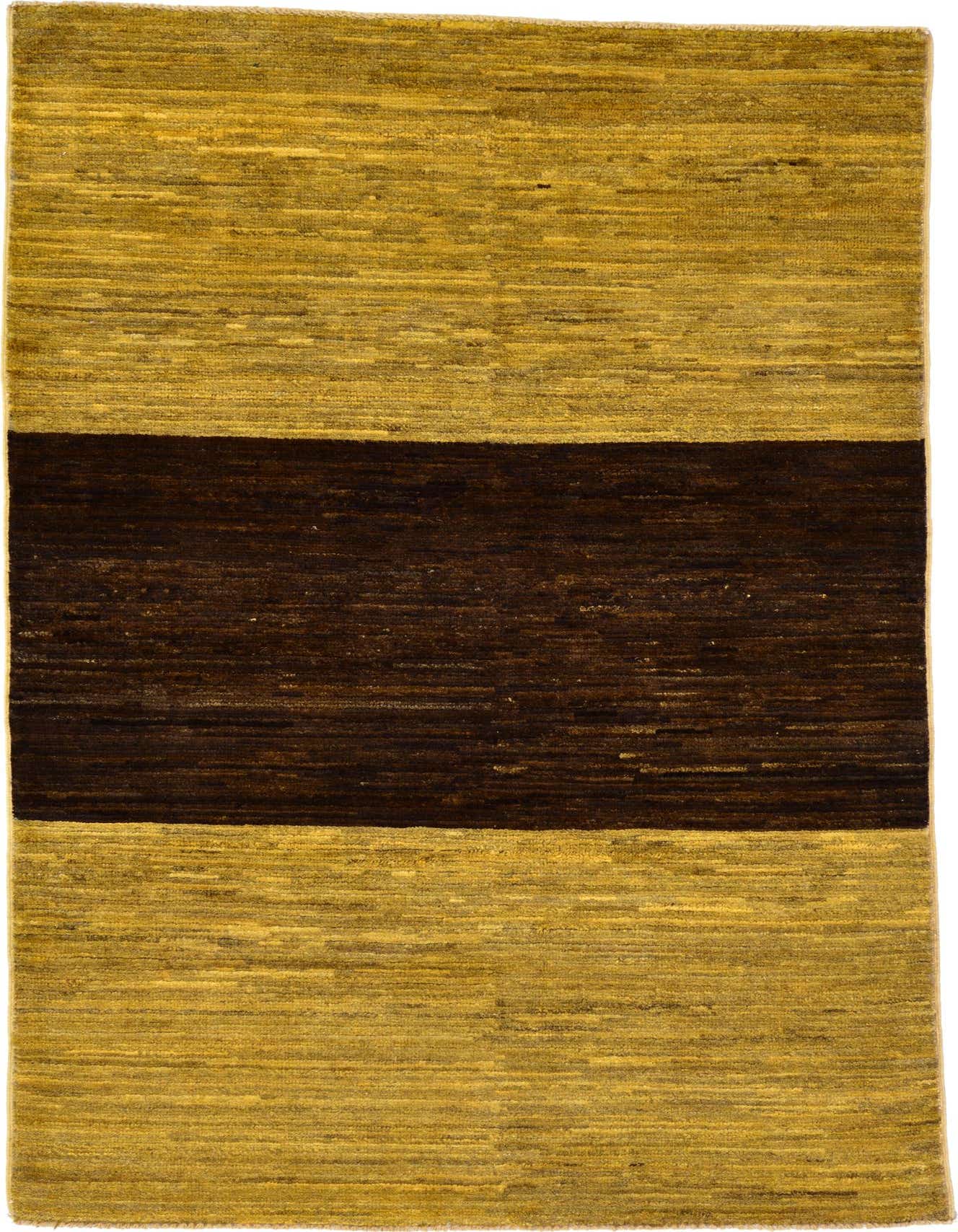 A 3x5 rectangular modern rug featuring broad horizontal stripes in varying shades of yellow and a prominent dark brown central stripe.