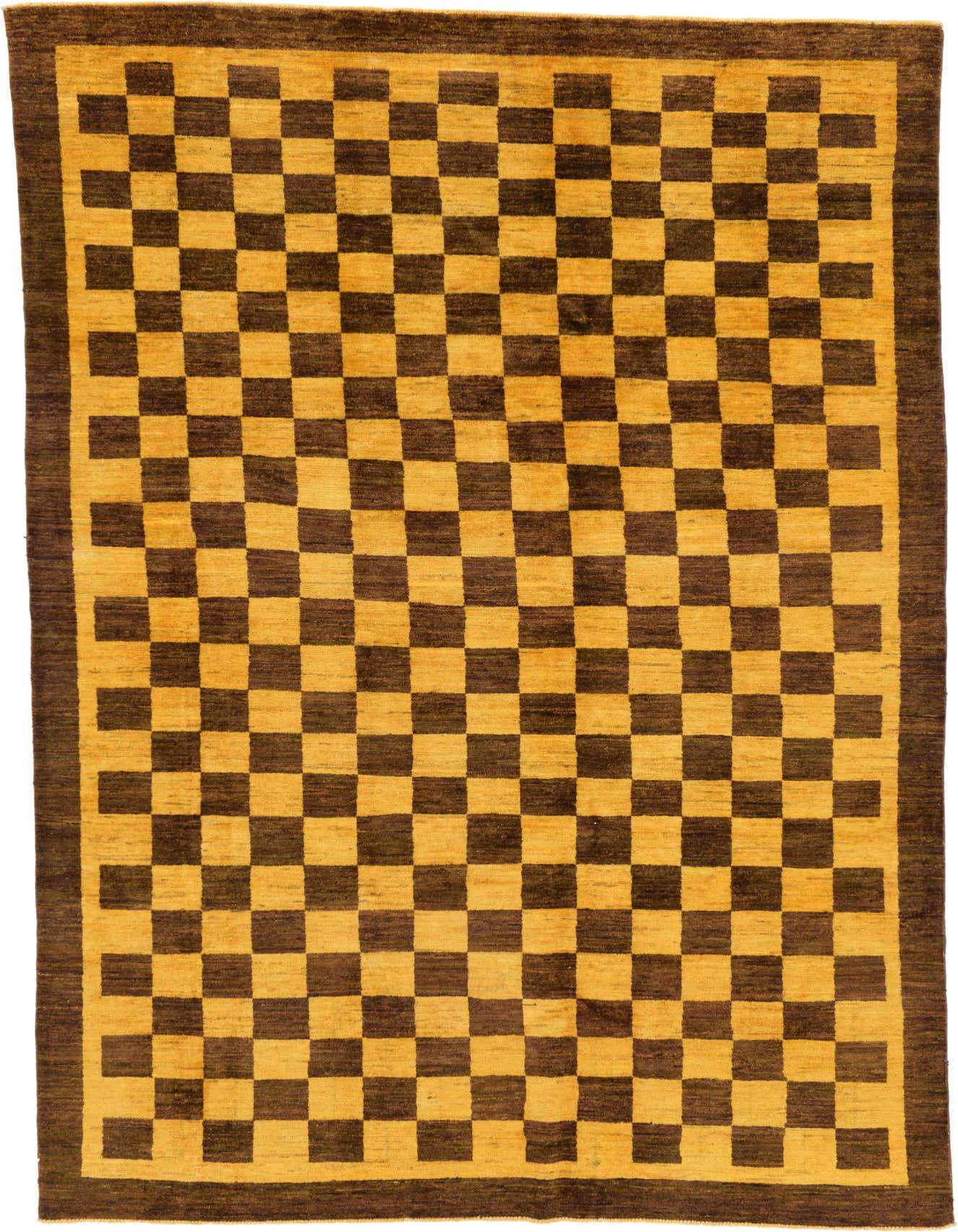 A 6x9 rectangular Modern Ziegler rug featuring a bold checkerboard pattern in varying shades of yellow and gold, framed by a solid dark brown border.