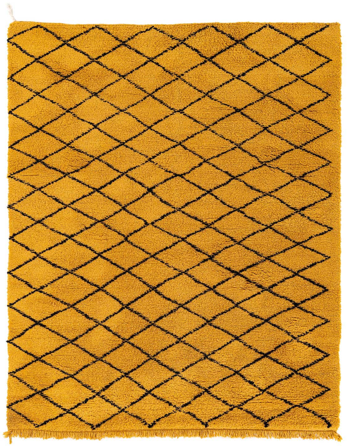 A 5x8 rectangular yellow shag rug with a black diamond pattern, perfect for a living room.