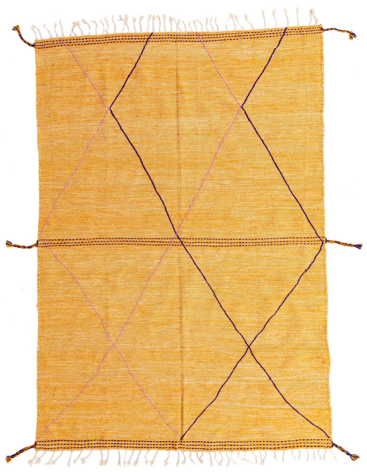 A rectangular 8x11 yellow tribal shag rug with thin pink and dark blue crisscross lines, featuring white fringe.
