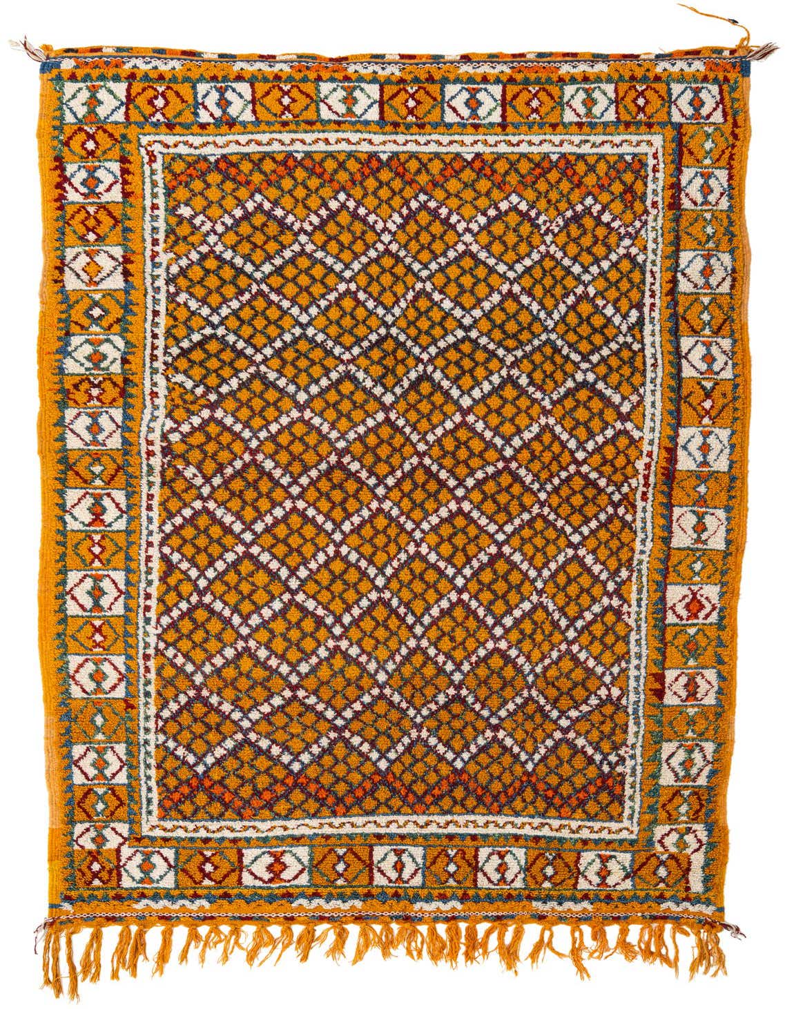 A 5x8 rectangular yellow Moroccan shag rug with a white diamond trellis pattern and a colorful tribal border.