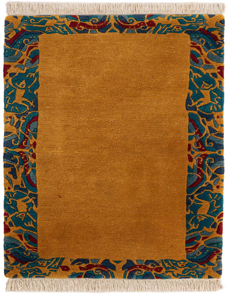 A 3x5 rectangular yellow wool rug featuring a vibrant modern oriental border in teal, blue, and red.