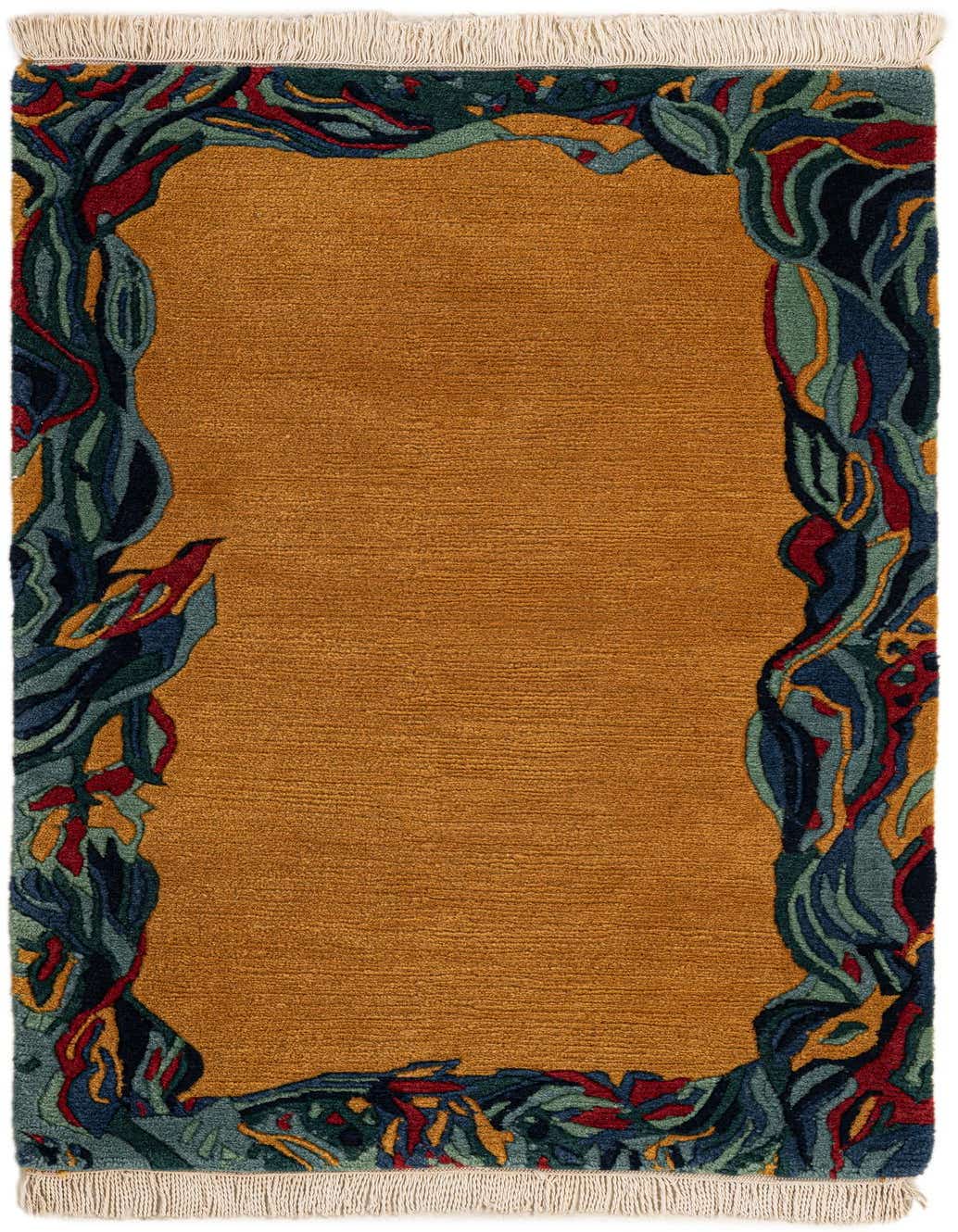 A 3x5 rectangular wool rug featuring a golden-yellow field framed by an abstract, organic border in deep blues, greens, and reds, with fringe.