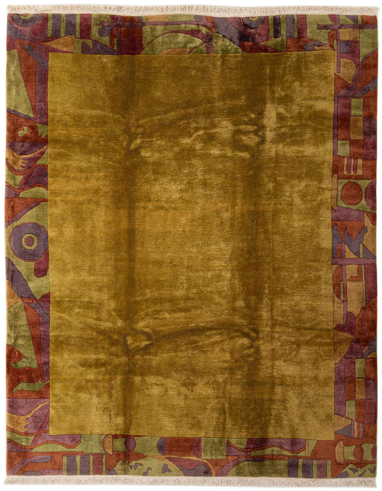 A rectangular 8x10 modern wool rug with a solid gold center and an abstract border in purple, green, and orange tones.
