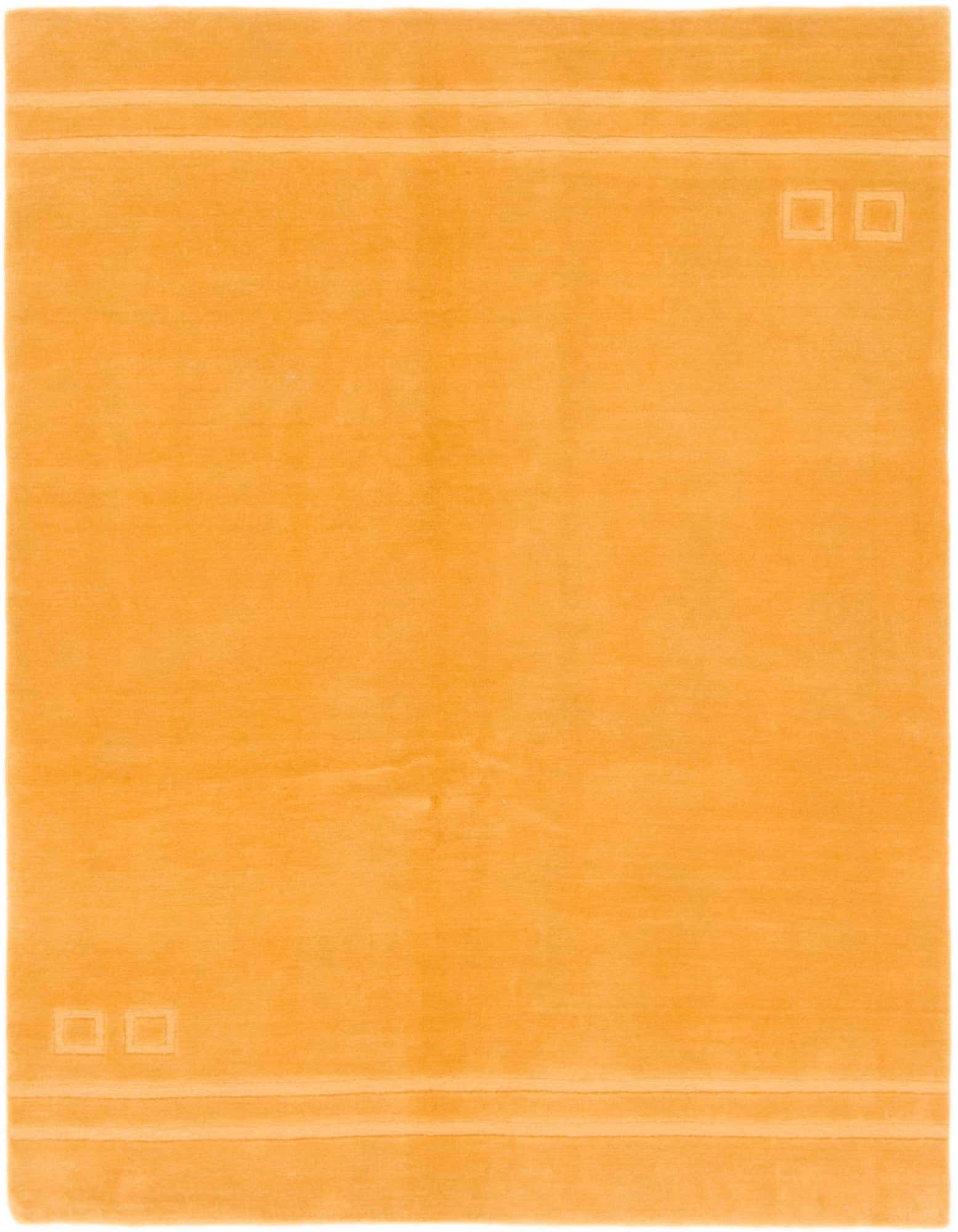 A 4x6 rectangular Nepal Collection yellow wool rug with a subtle modern solid pattern, featuring thin horizontal lines and small square accents at the top and bottom.