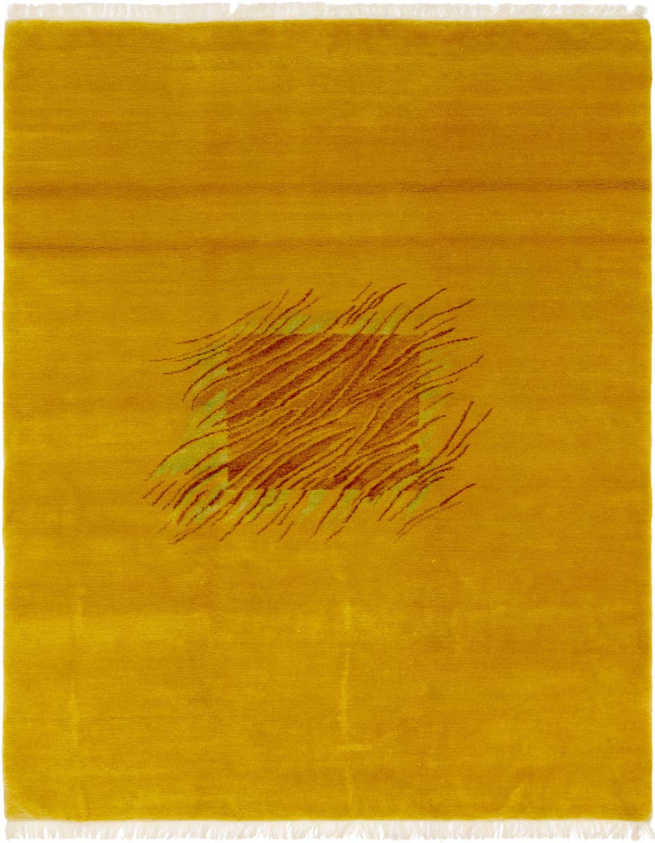 A 7x10 rectangular yellow wool rug featuring a modern abstract medallion design with red and green accents.