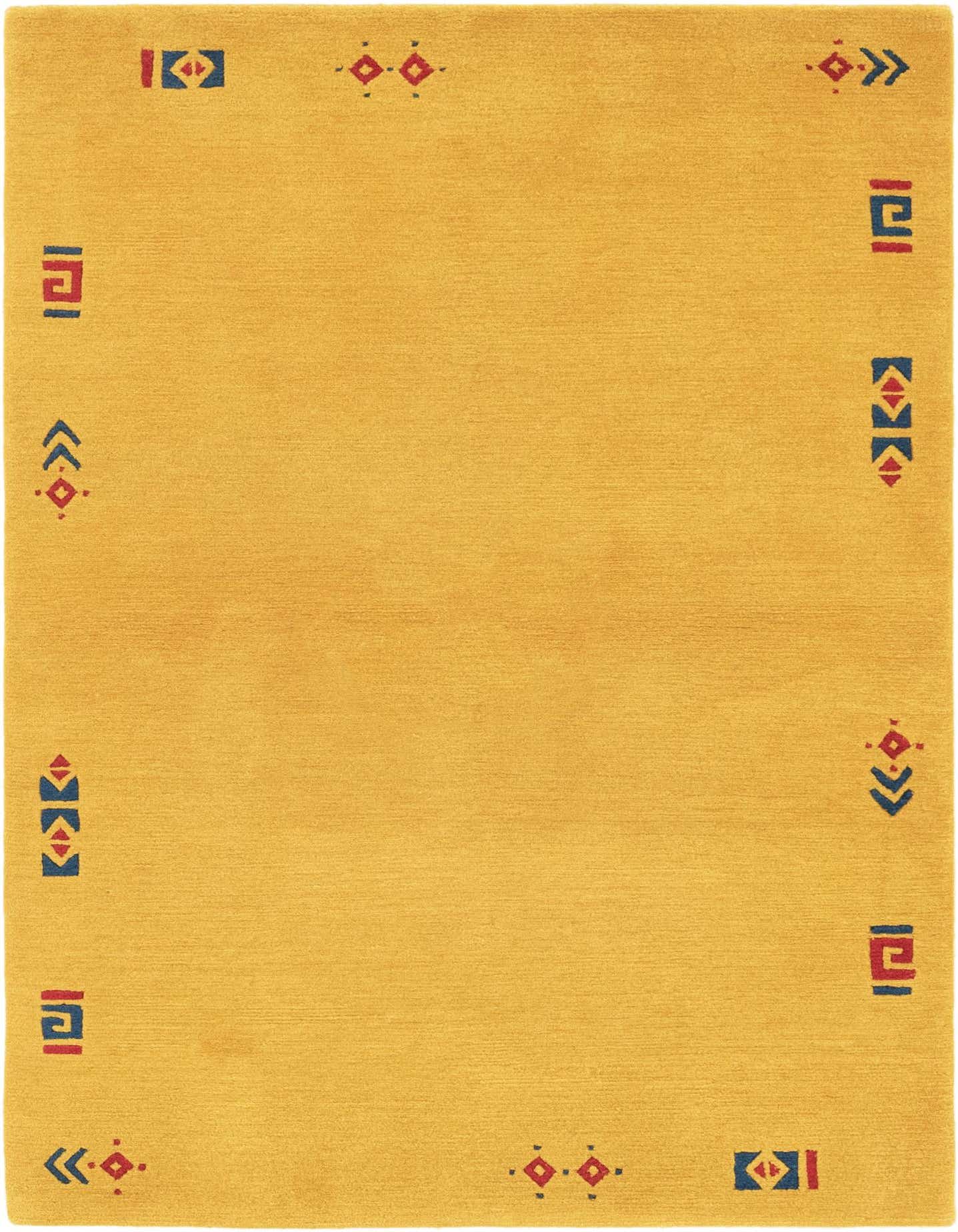 A 4x6 rectangular yellow wool rug with a modern Oriental abstract border featuring blue and red geometric symbols.