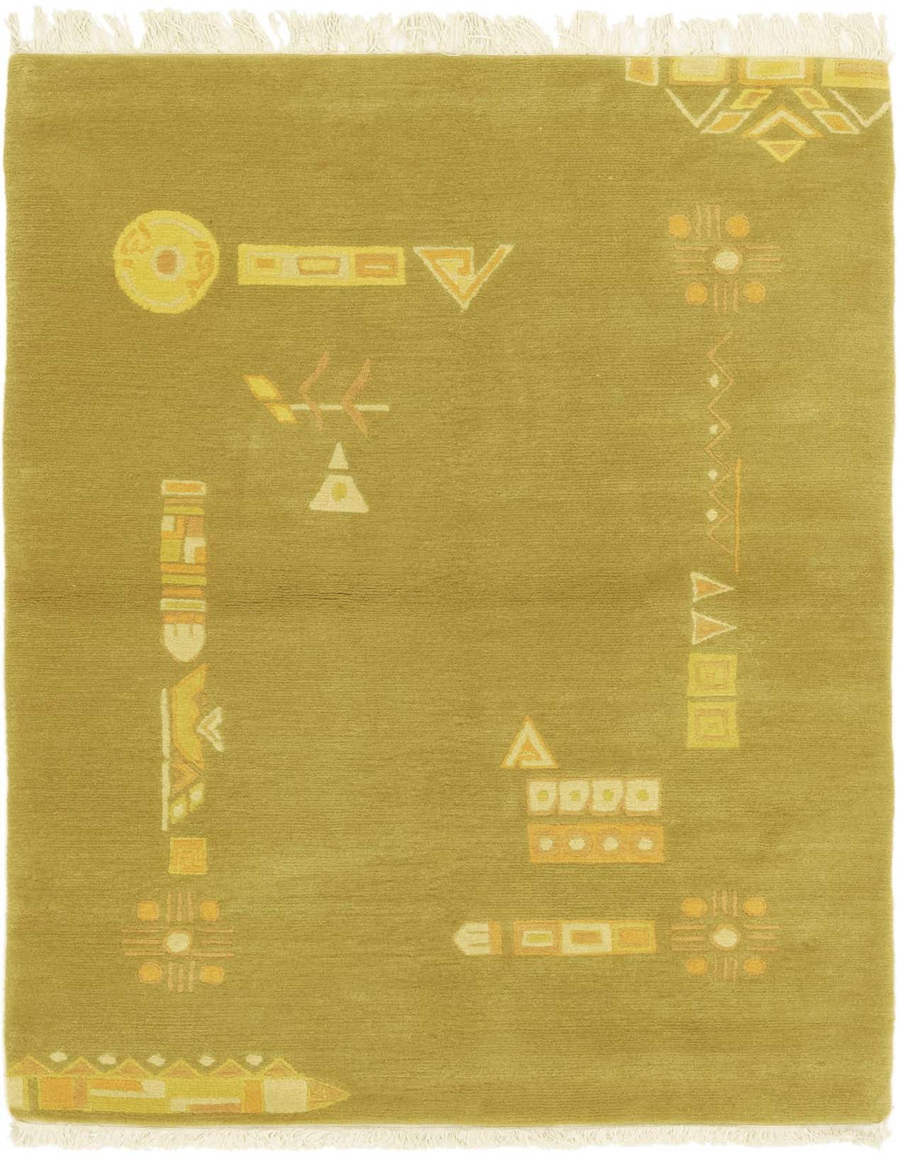 A 4x6 rectangular yellow wool rug with a high pile, featuring abstract geometric patterns in varying shades of yellow and gold, suitable for a living room or bedroom.