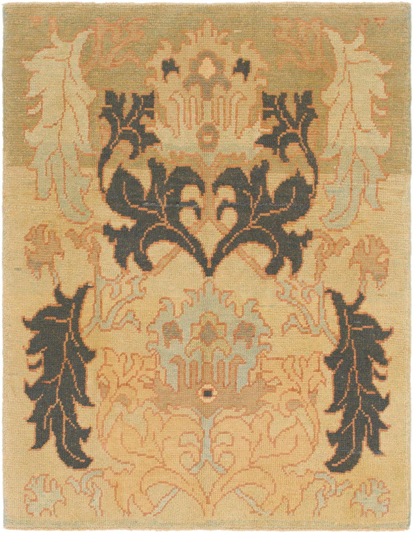 A 5x7 rectangular Oushak wool rug featuring a tribal abstract pattern in yellows, golds, and muted green tones.