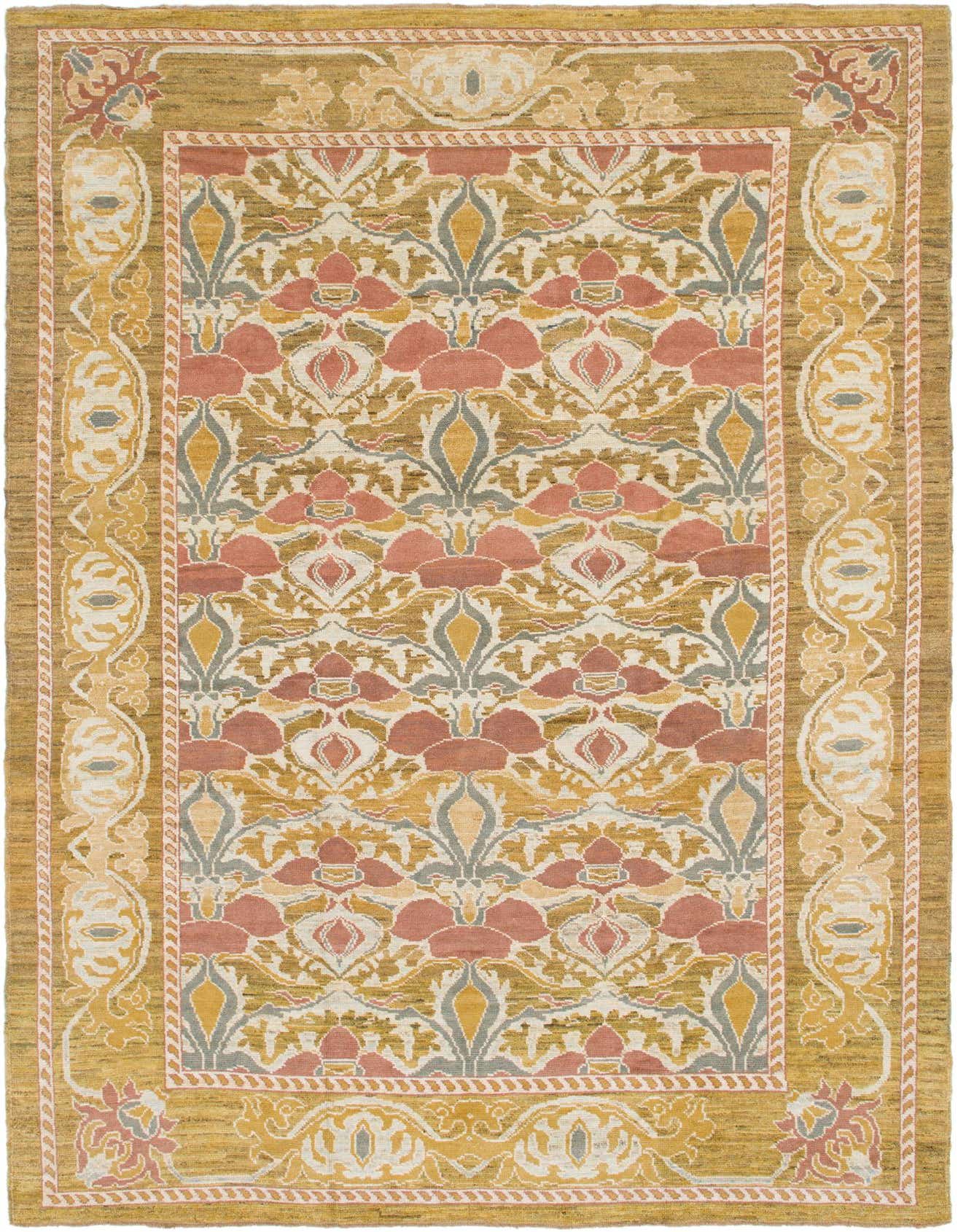 A 10x14 rectangular Oushak rug featuring a traditional Southwestern pattern in yellows, golds, muted reds, and grays, with a medium pile.