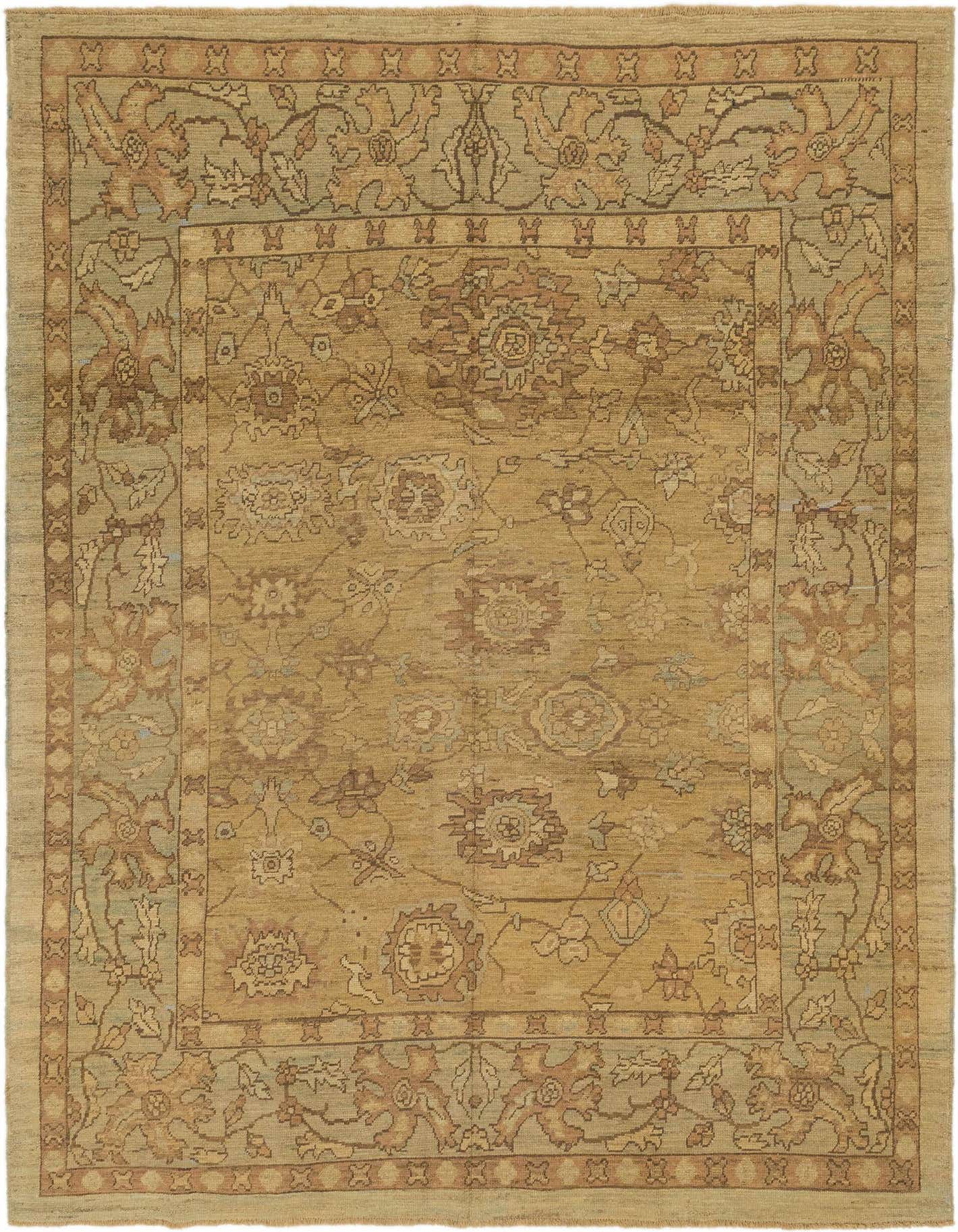 A 10x13 rectangular Oushak rug in yellows and golds with a traditional floral and tribal pattern, handmade from wool.