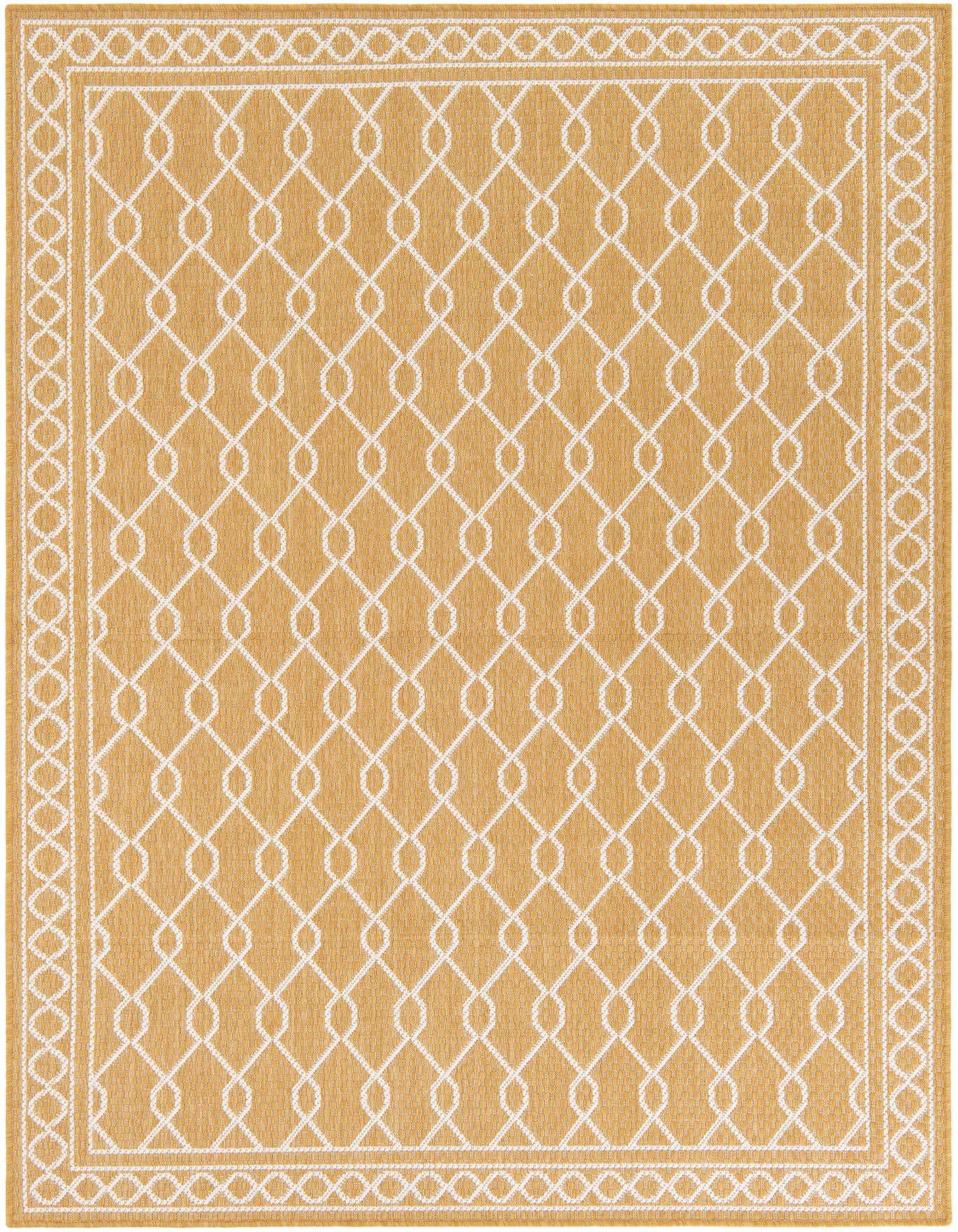 A 5x8 rectangular yellow and white modern indoor/outdoor rug with a repeating geometric chain link pattern and a decorative border.