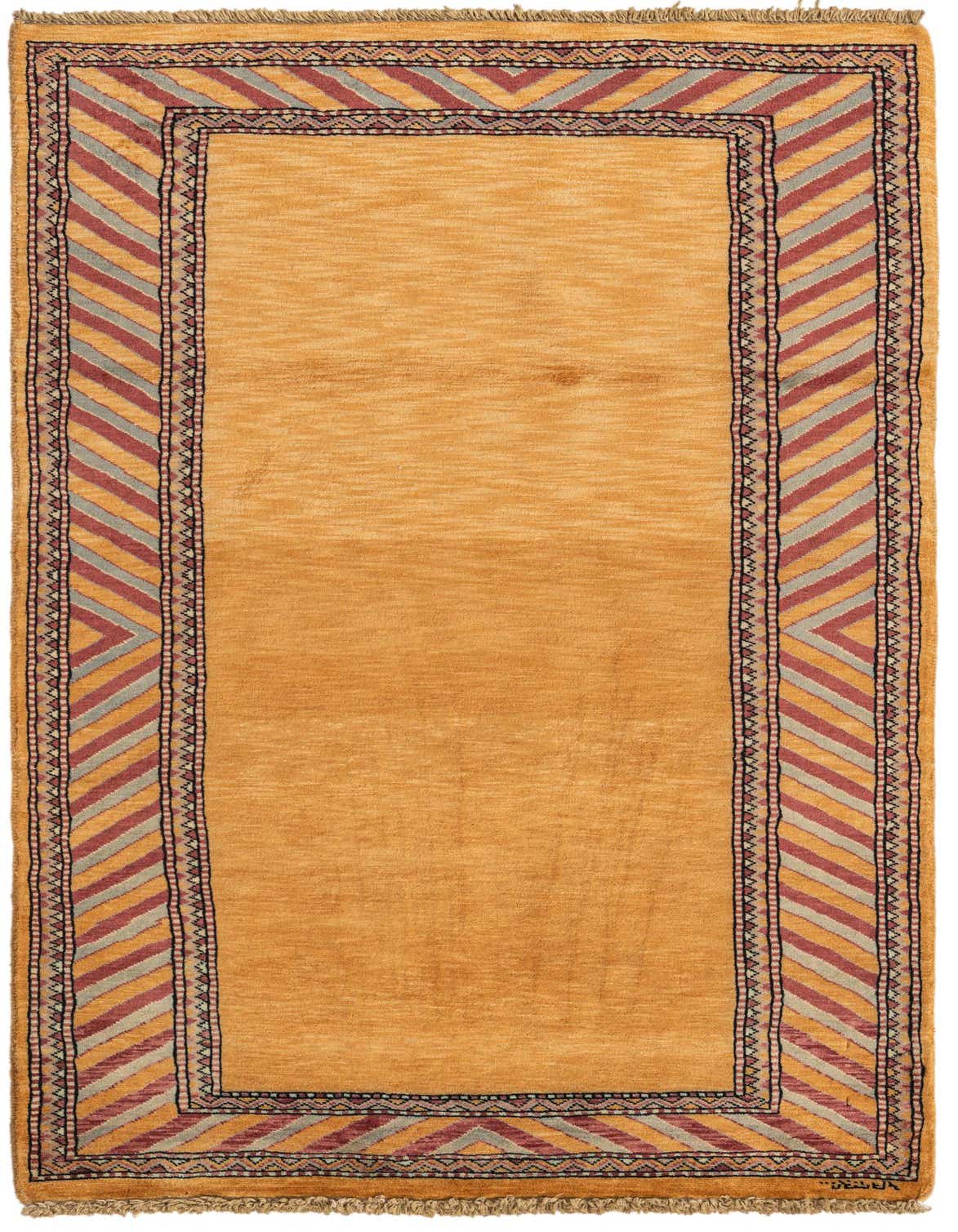 A 3x5 rectangular yellow Peshawar Ziegler wool rug with a striped border in red, grey, and gold.