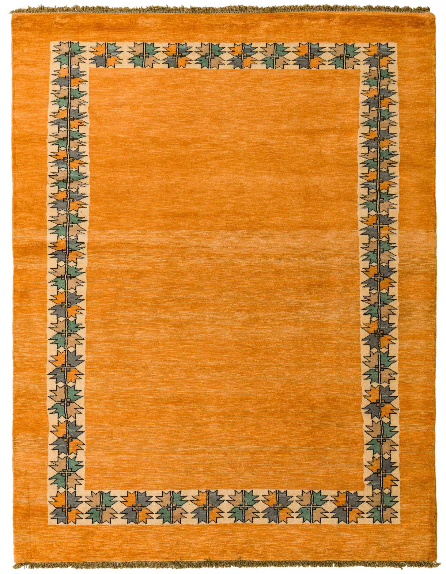 A 5x8 rectangular yellow Oriental rug with a thin pile, featuring a decorative border of geometric leaf-like patterns in green, grey, and orange.