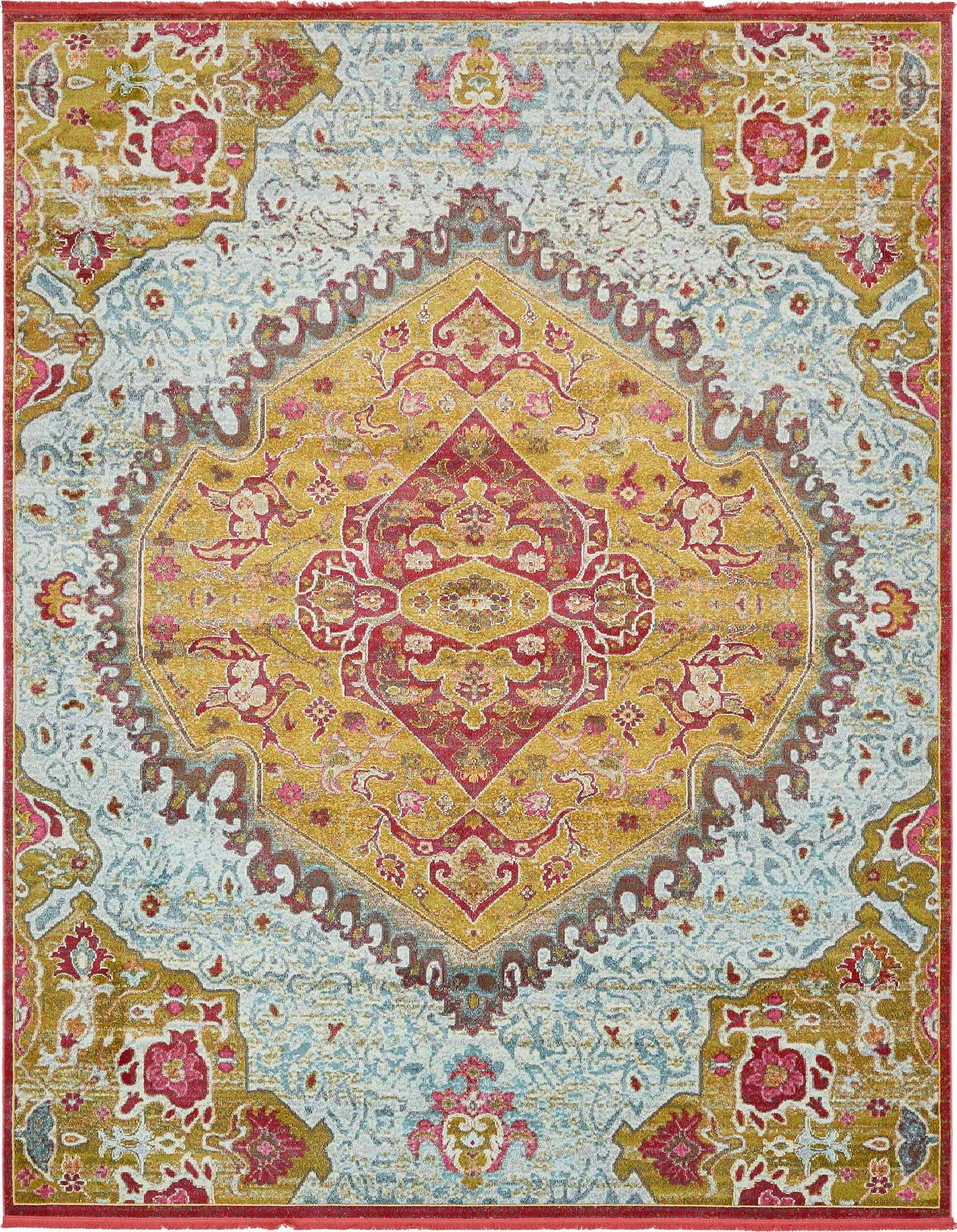A 10x13 rectangular Santiago rug featuring a gold and red medallion pattern on a light blue and cream traditional background.