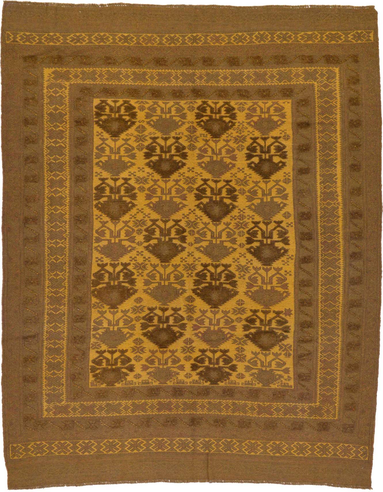 A 6x9 rectangular Sumak rug in shades of yellow and gold with a traditional tribal pattern and flat pile, ideal for a living room.