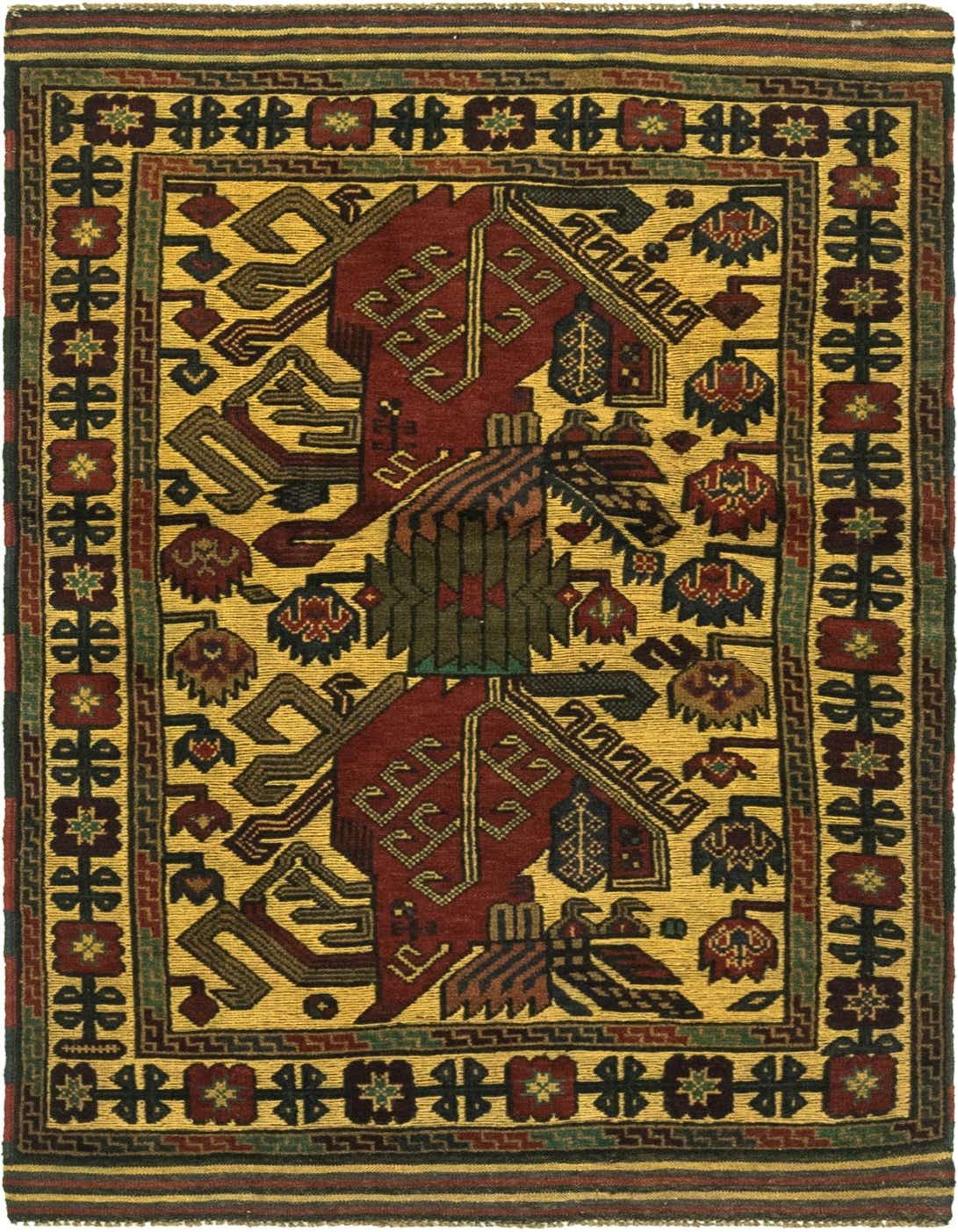 A 3x5 rectangular Sumak rug with a traditional Southwestern tribal pattern in yellows, golds, and deep reds, featuring a central medallion design.