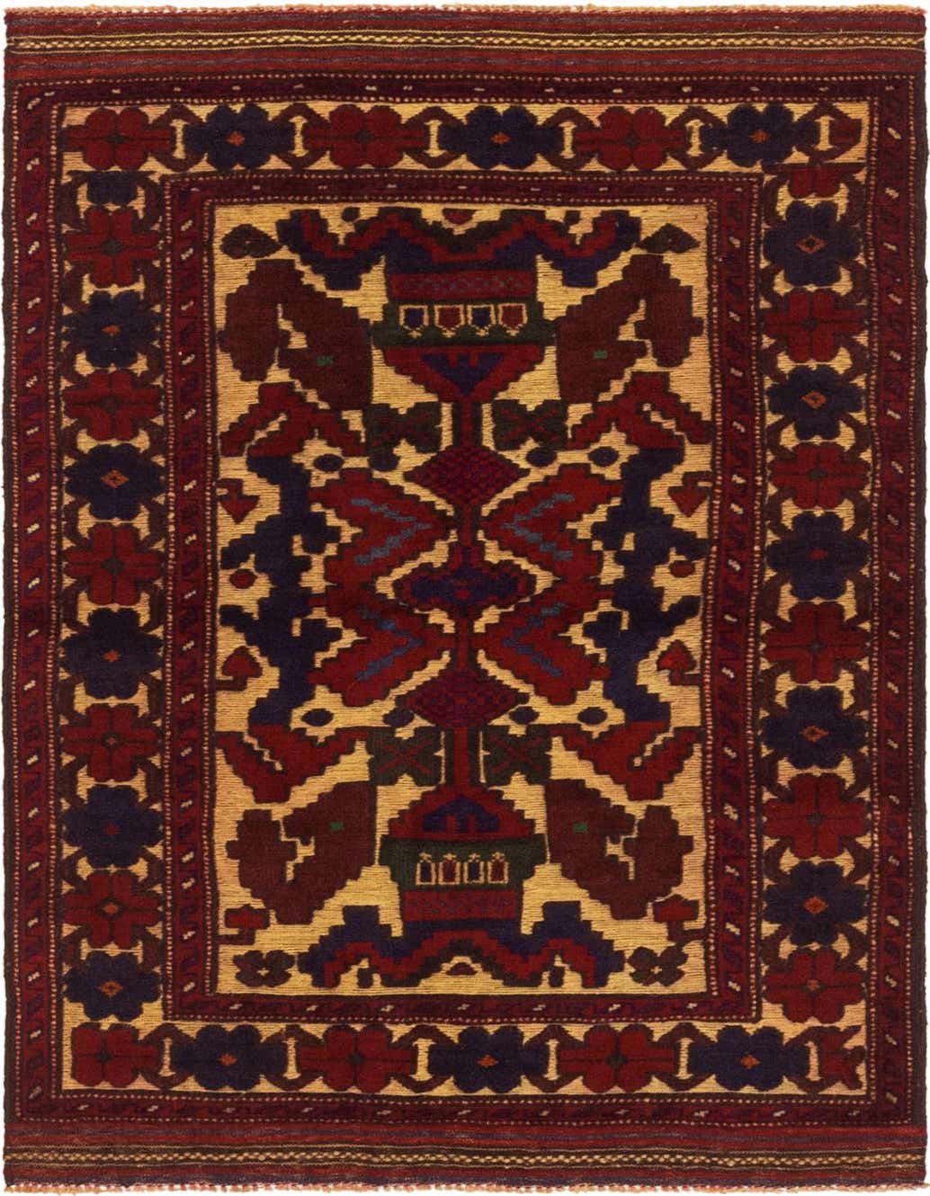 A 3x5 rectangular Sumak rug with a gold background and traditional tribal patterns in deep red, blue, and brown.