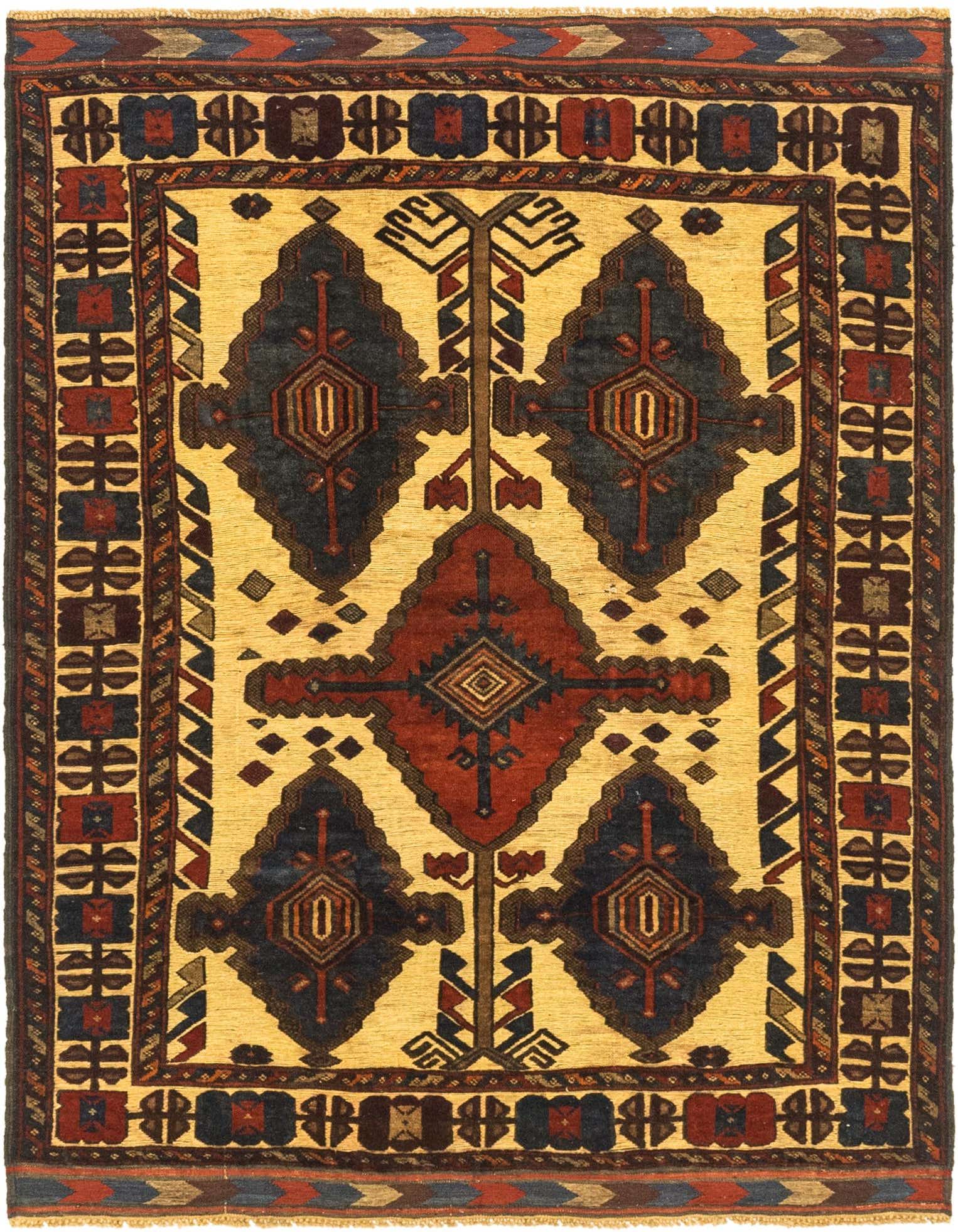 A 4x6 rectangular Sumak rug with a yellow-gold field, featuring a central red medallion and navy tribal motifs, bordered by intricate patterns.