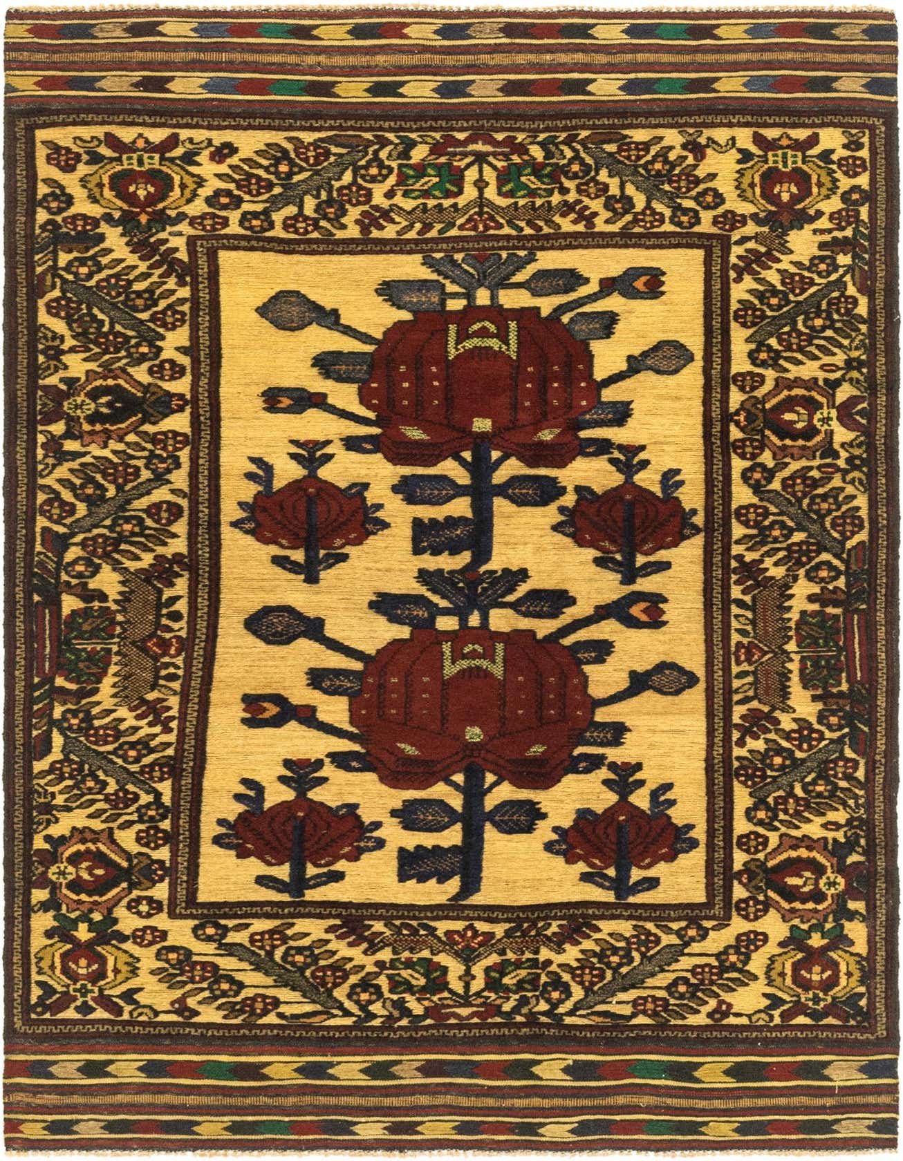 A 4x6 rectangular Sumak rug with a yellow field, featuring large red botanical motifs and a detailed tribal border.