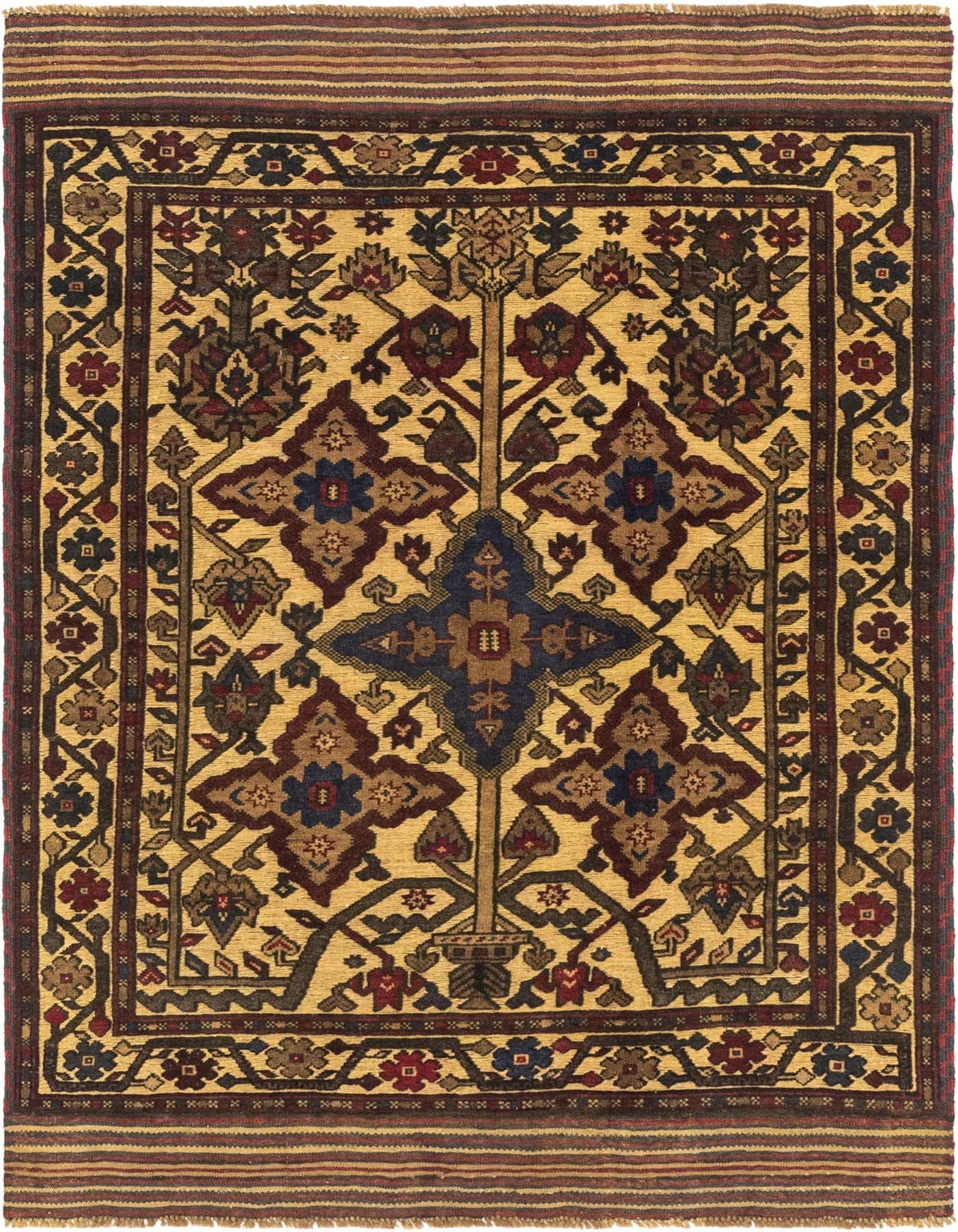 A 4x6 rectangular Sumak rug with a gold background, featuring a traditional medallion pattern in deep blues, reds, and browns, with a striped border.