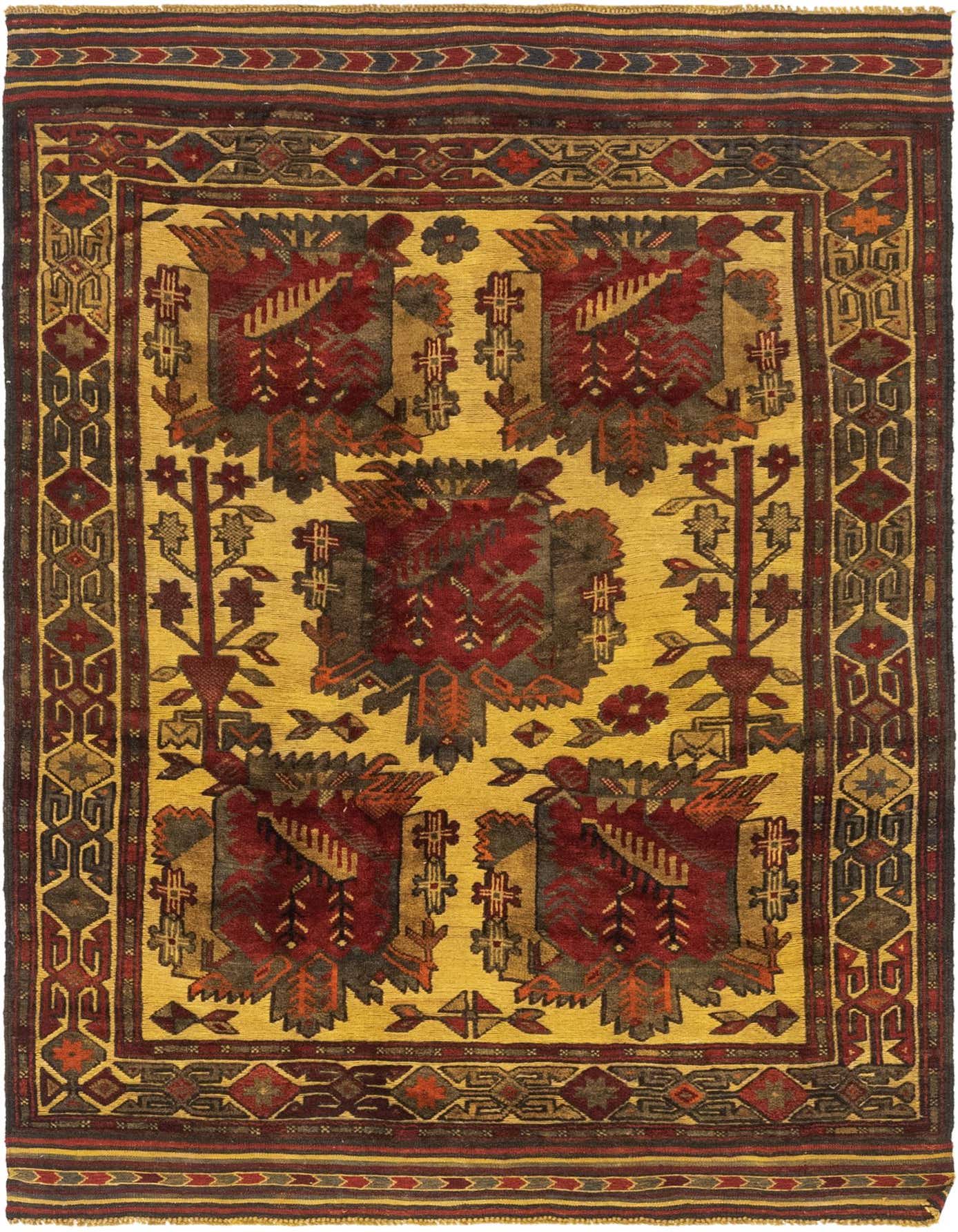 A 4x6 rectangular Sumak rug with a yellow-gold field and traditional Southwestern tribal patterns in red, brown, and grey.