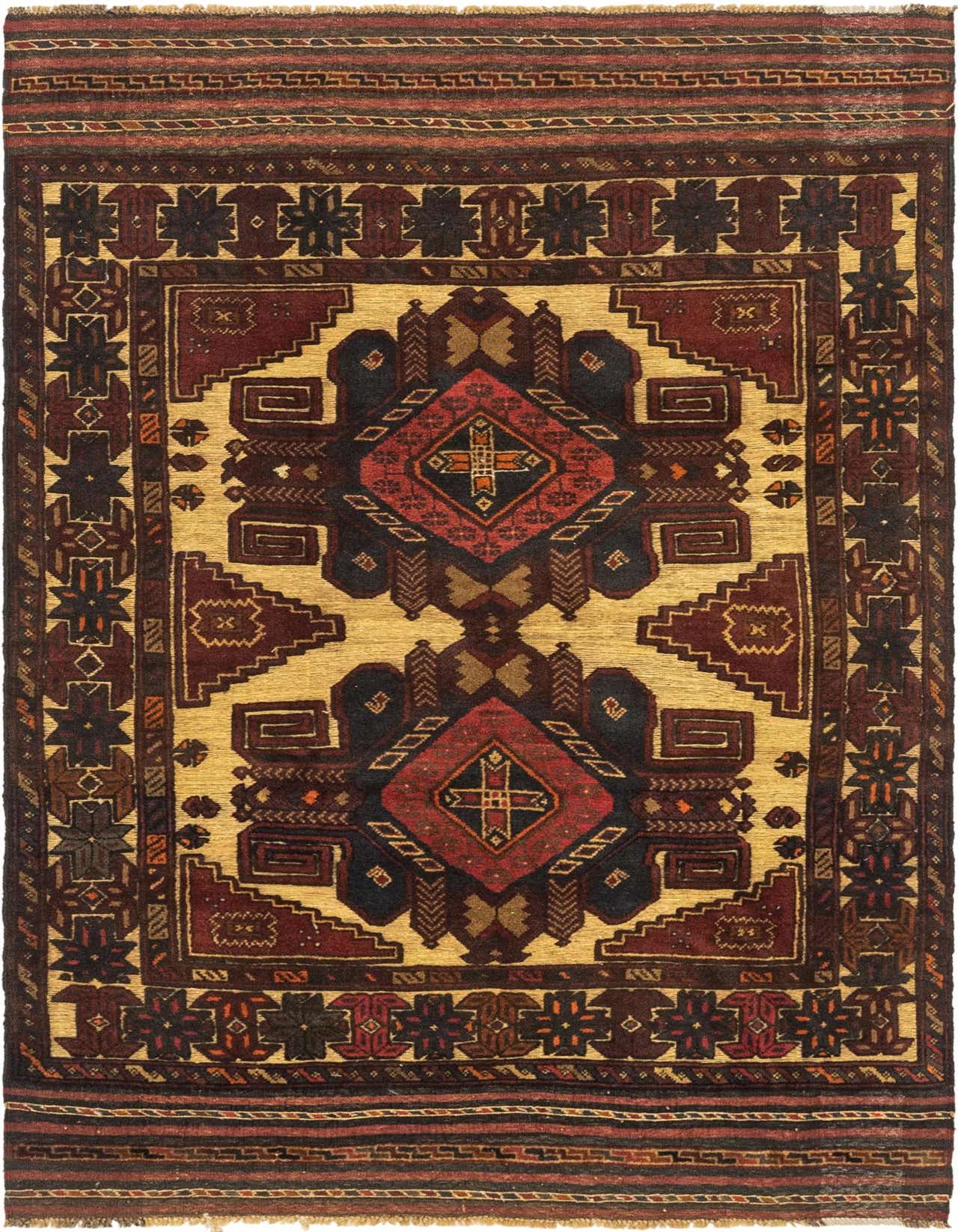 A 4x6 rectangular Sumak rug with a yellow-gold field, featuring two large red and black tribal medallions, surrounded by intricate traditional patterns and a multi-banded border.