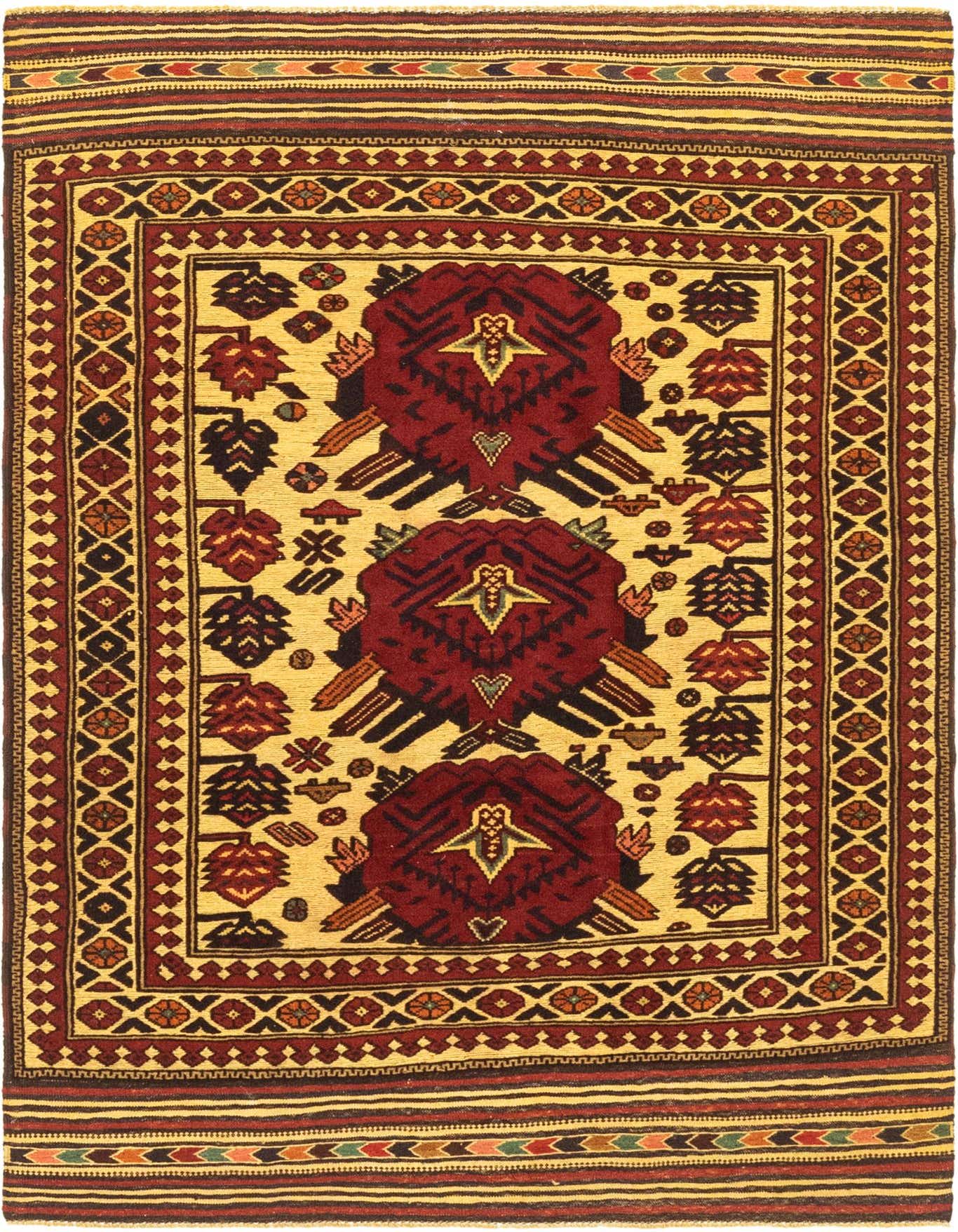 A 4x6 rectangular Sumak rug with a yellow background, featuring three large red tribal medallions and a detailed border.