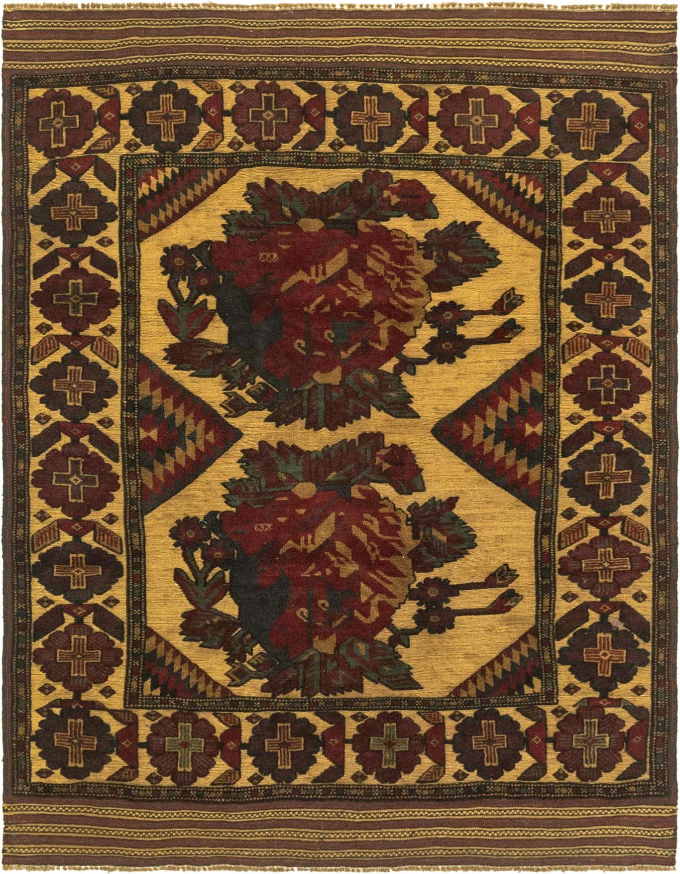 A 4x6 rectangular Sumak rug with a gold background, featuring two large, stylized red and green floral medallions and a dark border with geometric cross patterns.